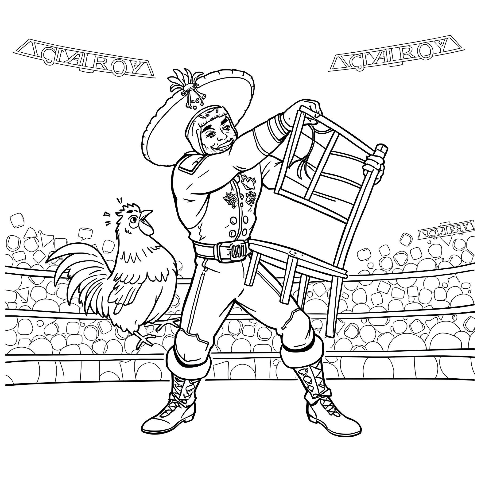 Luchador wrestler in action pose with cock Coloring Page (free black-and-white line drawing printable PDF for all, from beginners to advanced learners, including children, teens, adults, and seniors)