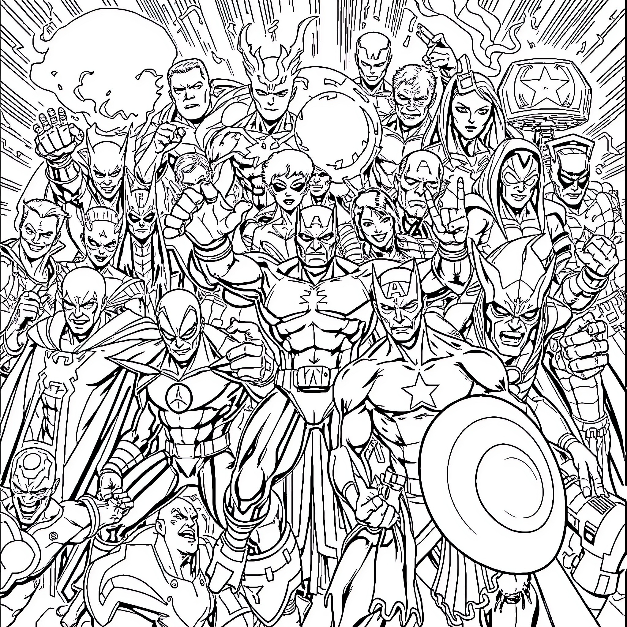 Marvel Heroes in Epic Superhero Showdown Coloring Page (free black-and-white line drawing printable PDF for all, from beginners to advanced learners, including children, teens, adults, and seniors)
