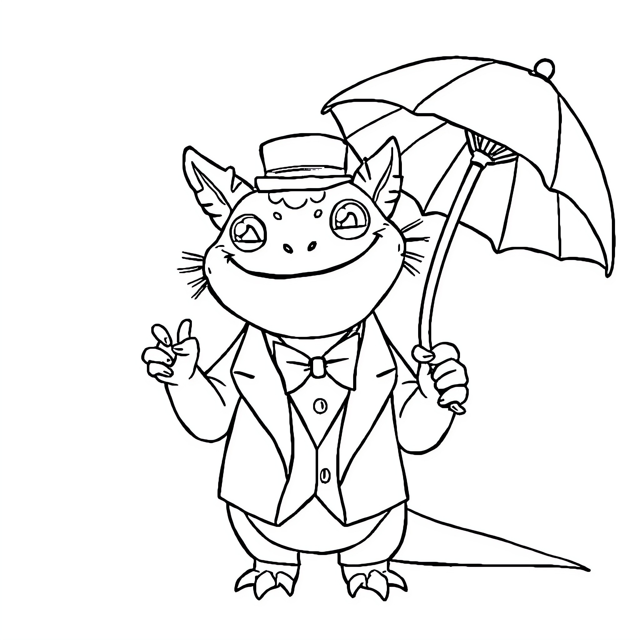 Axolotl dressed as a gentleman with an umbrella Coloring Page (free black-and-white line drawing printable PDF for all, from beginners to advanced learners, including children, teens, adults, and seniors)
