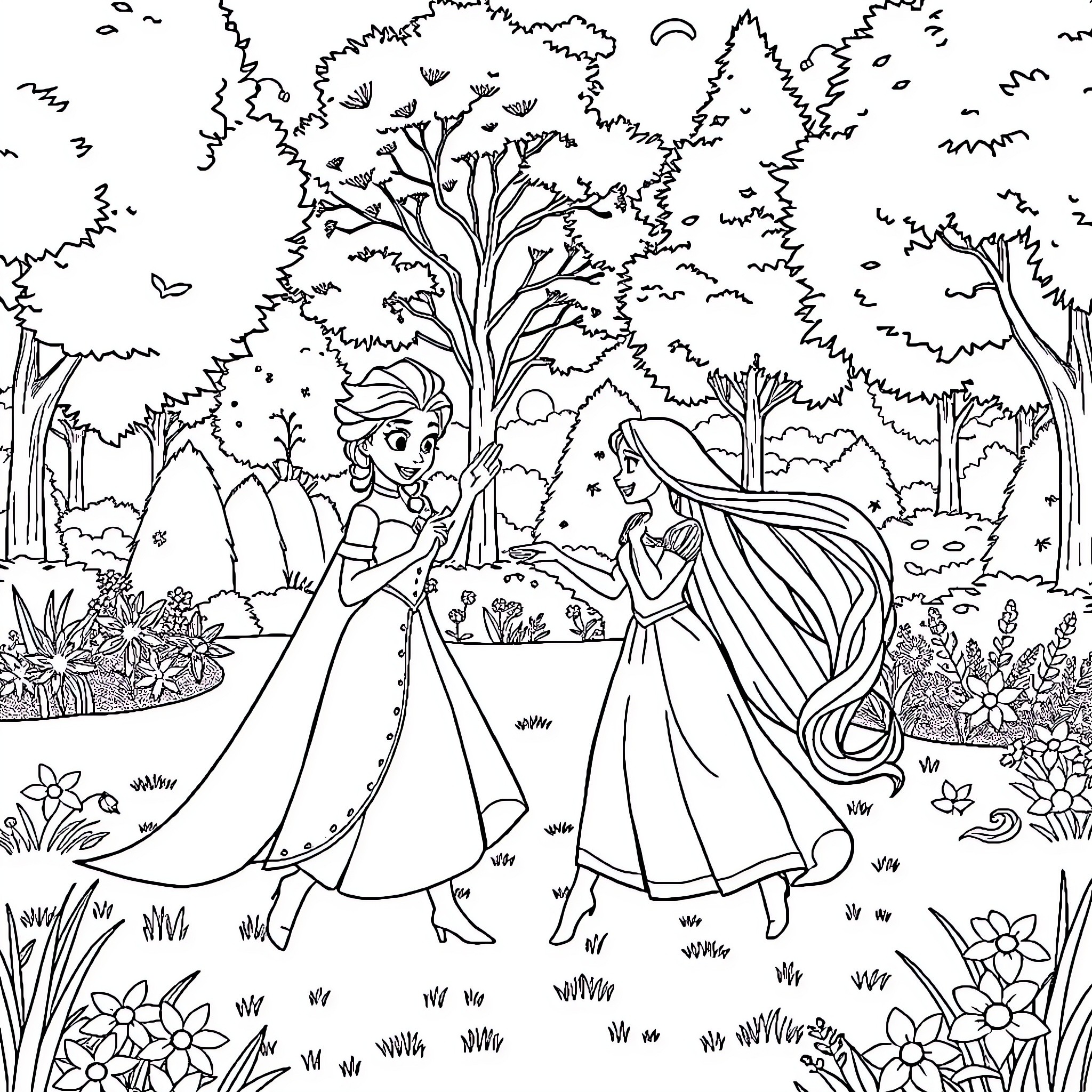 Elsa and Anna exploring the enchanted forest Coloring Page (free black-and-white line drawing printable PDF for all, from beginners to advanced learners, including children, teens, adults, and seniors)