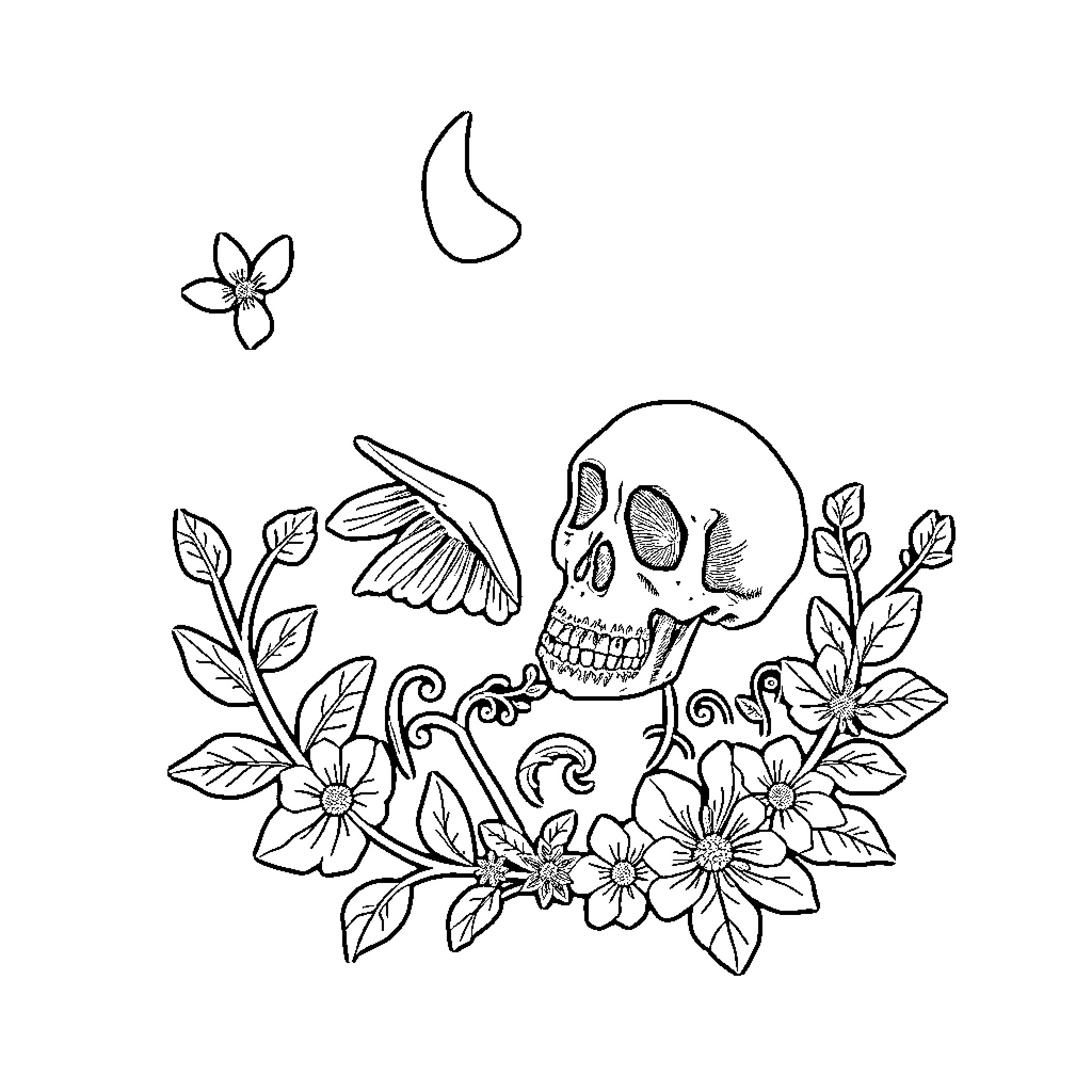 Memento Mori: Floral Arrangement with Skull Coloring Page (free black-and-white line drawing printable PDF for all, from beginners to advanced learners, including children, teens, adults, and seniors)