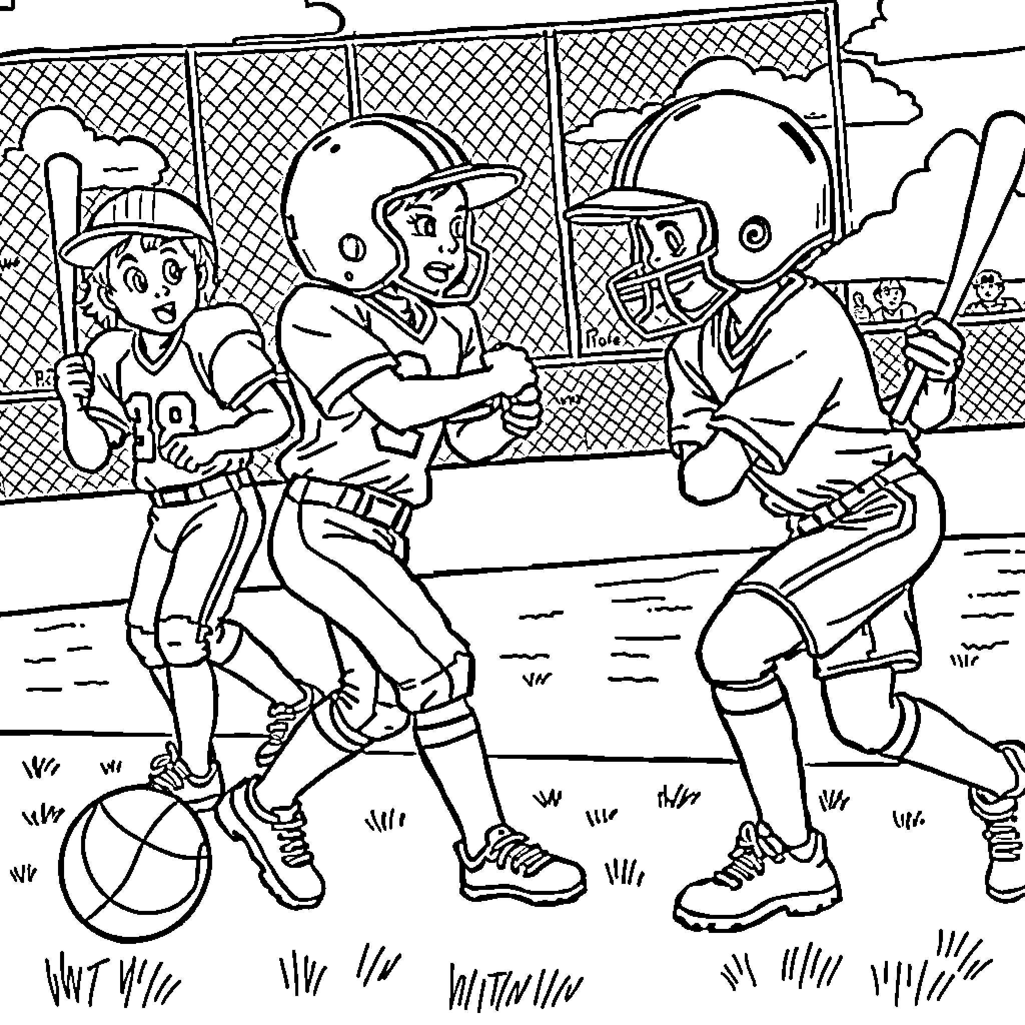 Baseball players in action on the field Coloring Page (free black-and-white line drawing printable PDF for all, from beginners to advanced learners, including children, teens, adults, and seniors)