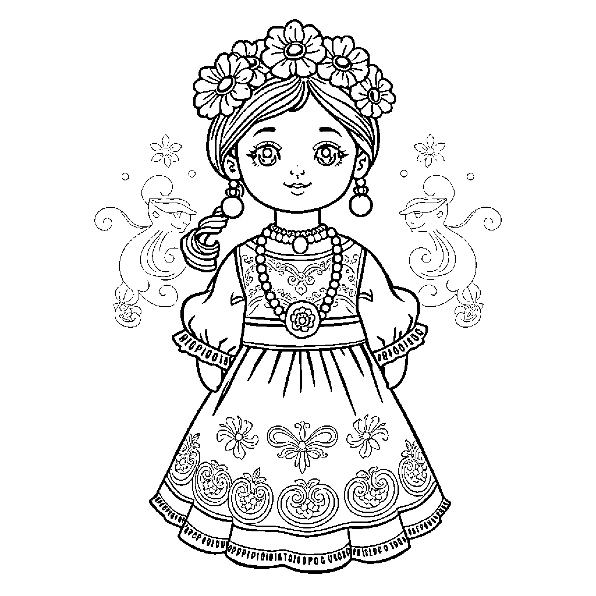 Doll in traditional folk costume with floral crown Coloring Page (free black-and-white line drawing printable PDF for all, from beginners to advanced learners, including children, teens, adults, and seniors)