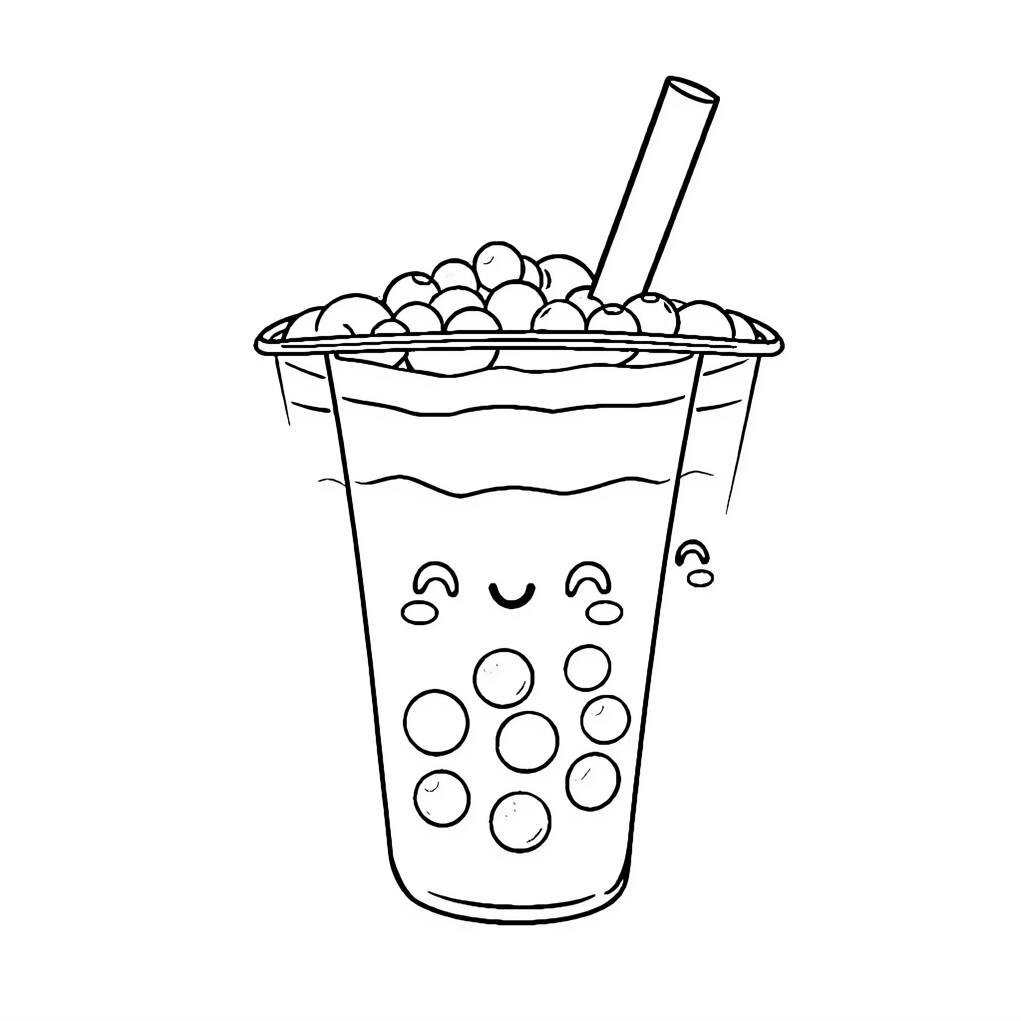 Boba tea with happy expression Coloring Page (free black-and-white line drawing printable PDF for all, from beginners to advanced learners, including children, teens, adults, and seniors)
