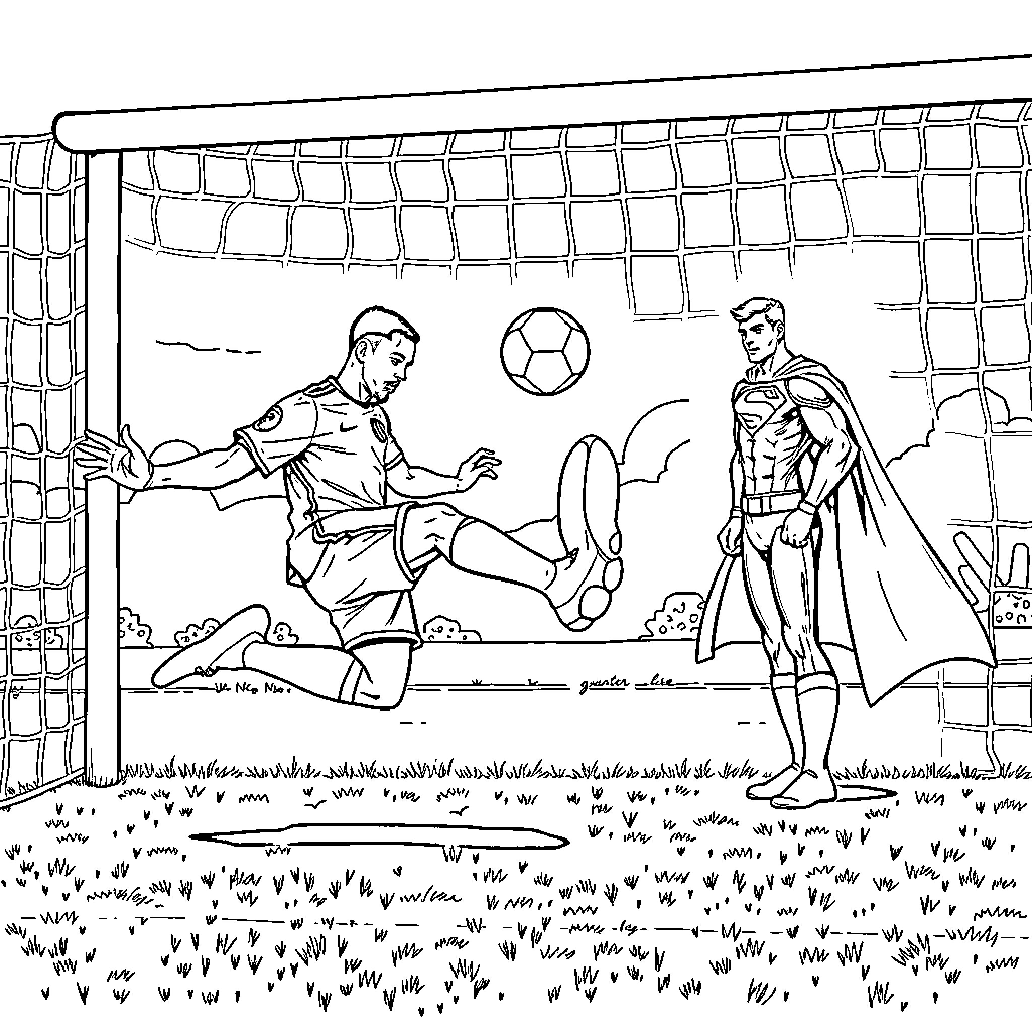 Mbappe kicking a soccer ball towards the goal Coloring Page (free black-and-white line drawing printable PDF for all, from beginners to advanced learners, including children, teens, adults, and seniors)