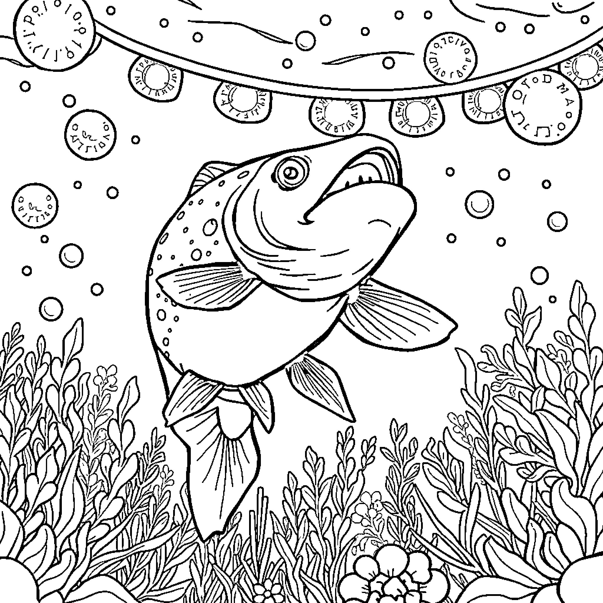 Trout swimming happily in underwater garden Coloring Page (free black-and-white line drawing printable PDF for all, from beginners to advanced learners, including children, teens, adults, and seniors)