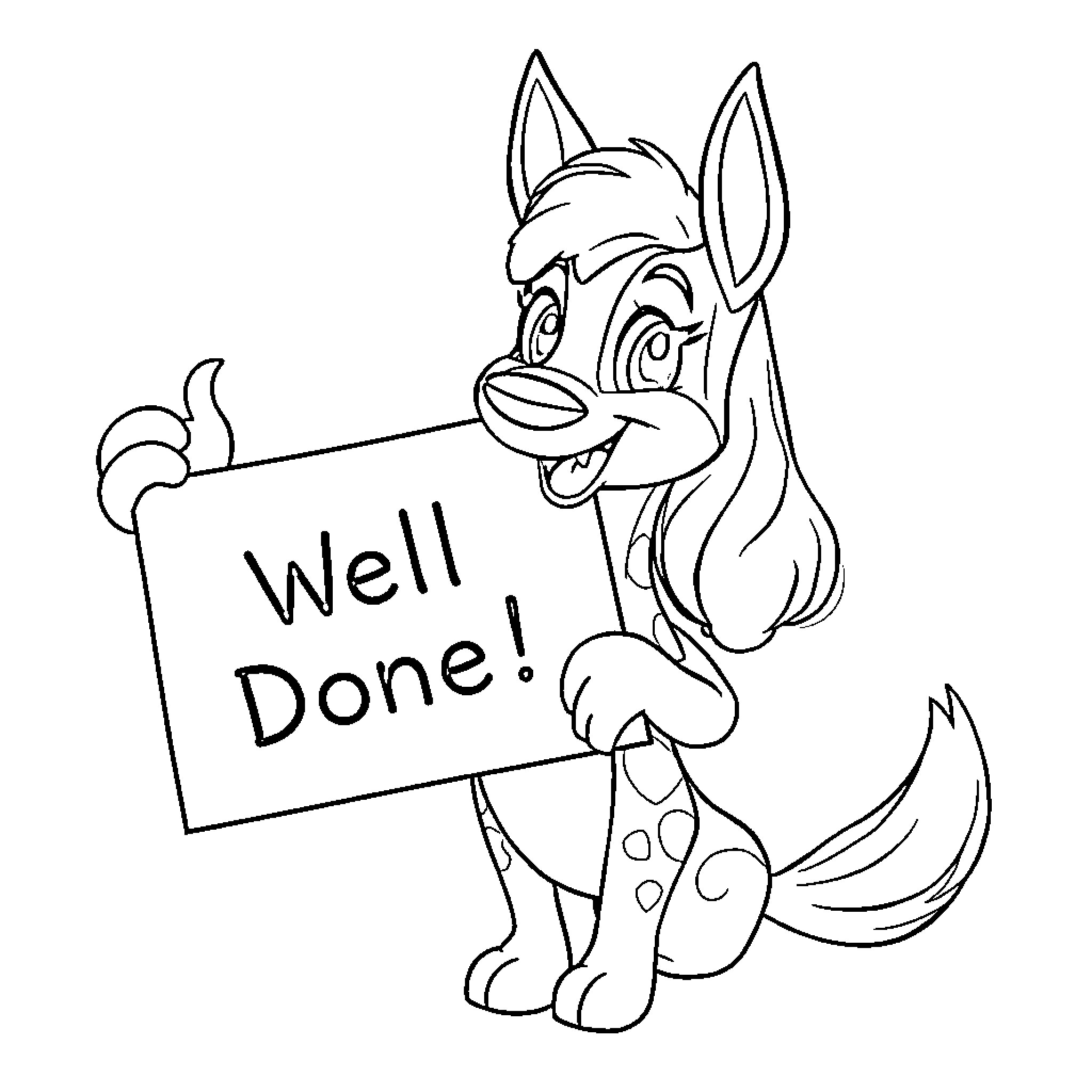 Huntrix Zoey Celebrates with 'Well Done' Sign Coloring Page (free black-and-white line drawing printable PDF for all, from beginners to advanced learners, including children, teens, adults, and seniors)