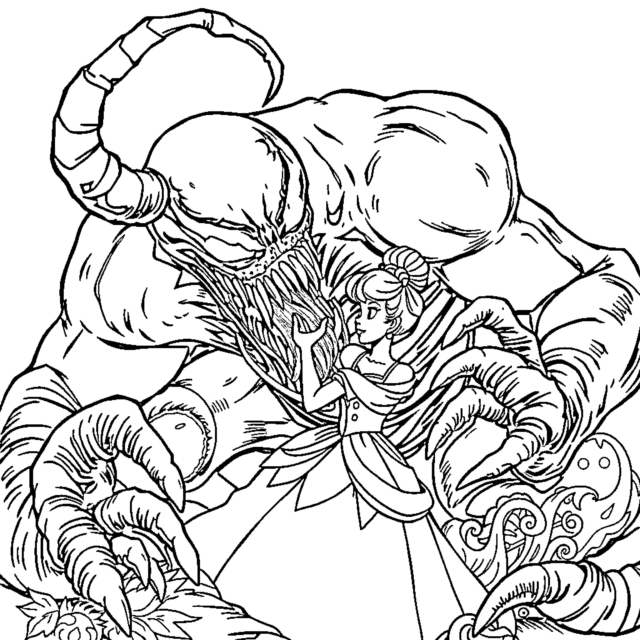 Venom Clawing Ferociously at Its Prey Coloring Page (free black-and-white line drawing printable PDF for all, from beginners to advanced learners, including children, teens, adults, and seniors)