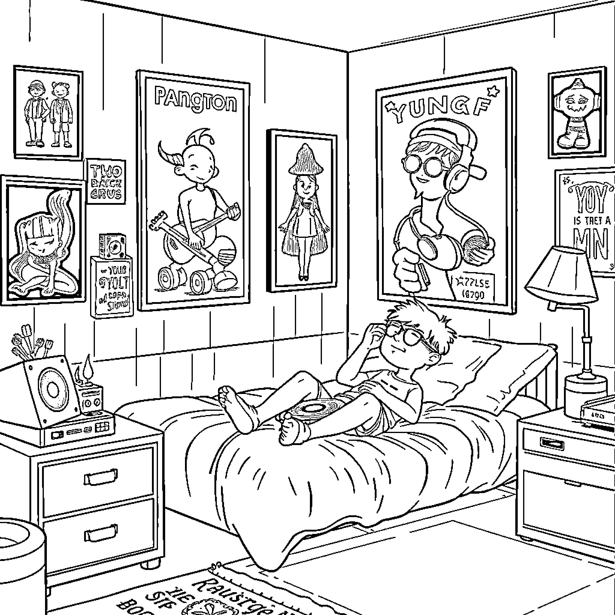 Boy relaxing in his room surrounded by pop culture memorabilia Coloring Page (free black-and-white line drawing printable PDF for all, from beginners to advanced learners, including children, teens, adults, and seniors)