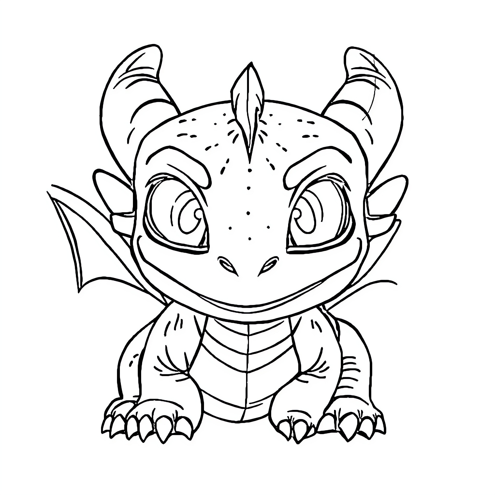 Toothless smiling playfully in black and white Coloring Page (free black-and-white line drawing printable PDF for all, from beginners to advanced learners, including children, teens, adults, and seniors)