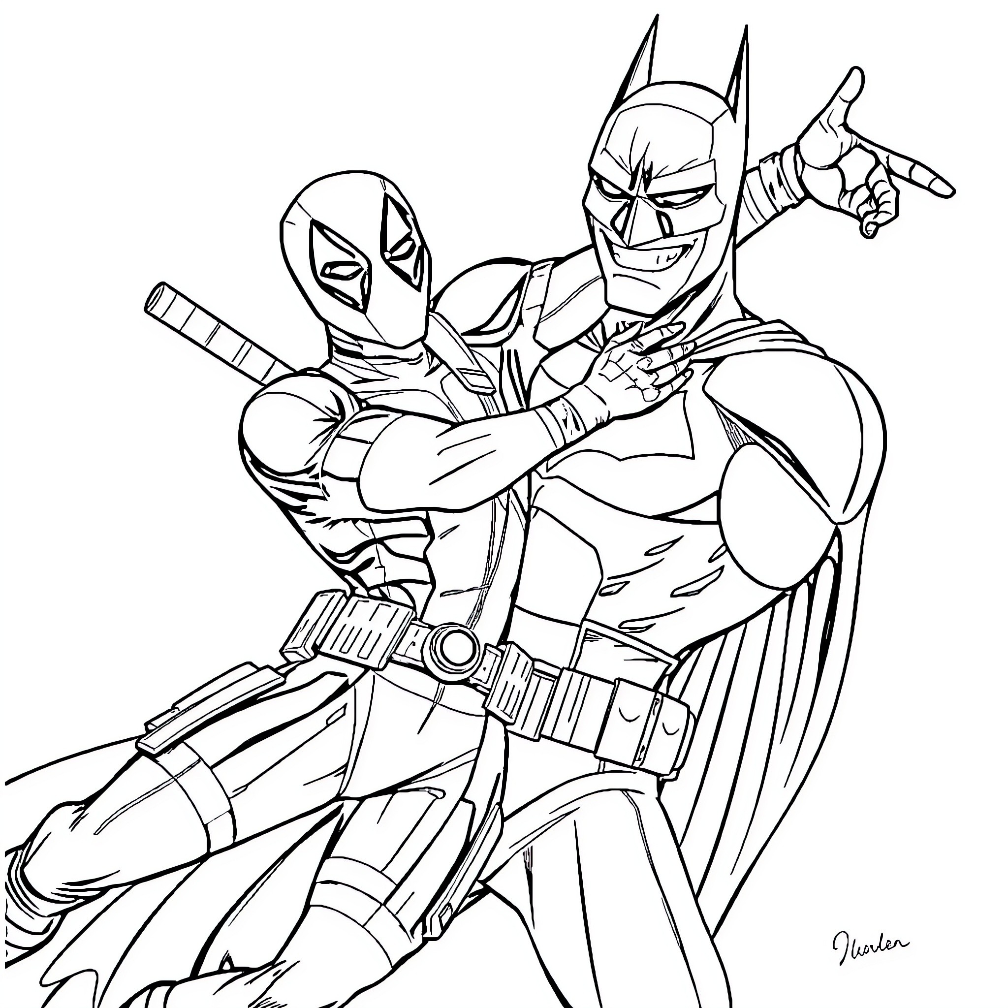 Deadpool and Batman in action-packed encounter Coloring Page (free black-and-white line drawing printable PDF for all, from beginners to advanced learners, including children, teens, adults, and seniors)