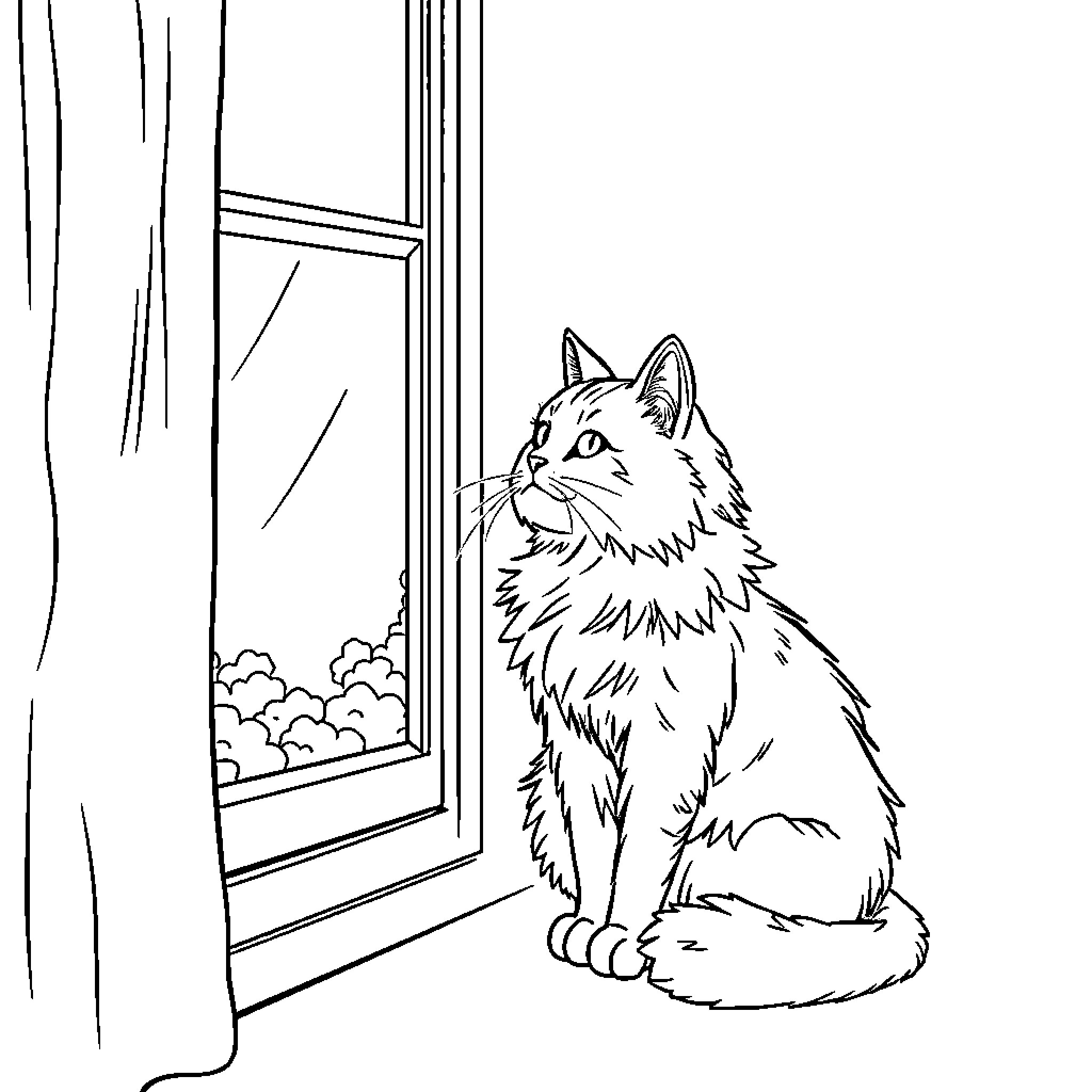 Cat sitting curiously by the window Coloring Page (free black-and-white line drawing printable PDF for all, from beginners to advanced learners, including children, teens, adults, and seniors)