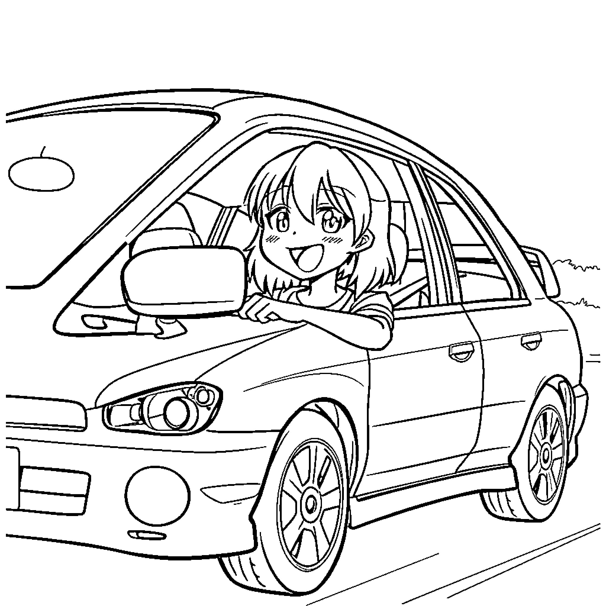 Oozora Subaru driving a car happily Coloring Page (free black-and-white line drawing printable PDF for all, from beginners to advanced learners, including children, teens, adults, and seniors)