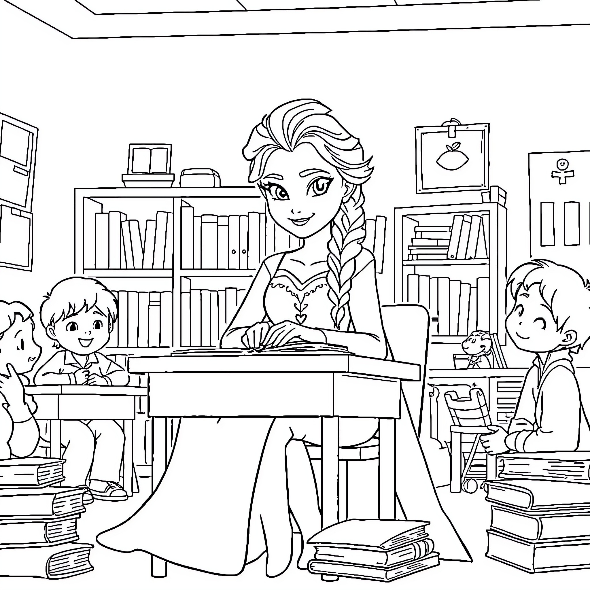 Elsa teaching children in a cozy library setting Coloring Page (free black-and-white line drawing printable PDF for all, from beginners to advanced learners, including children, teens, adults, and seniors)
