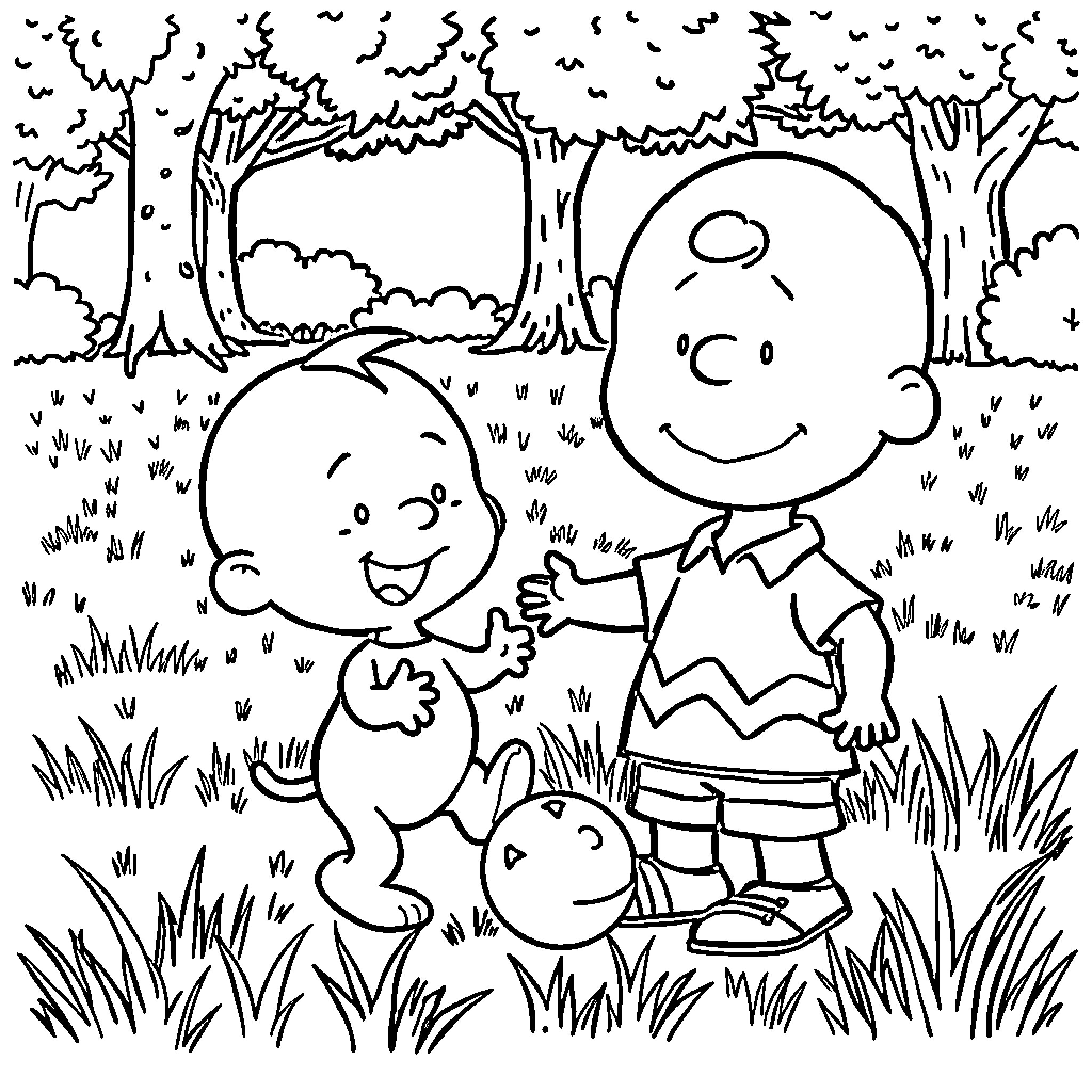 Stewie and friends explore the outdoors Coloring Page (free black-and-white line drawing printable PDF for all, from beginners to advanced learners, including children, teens, adults, and seniors)