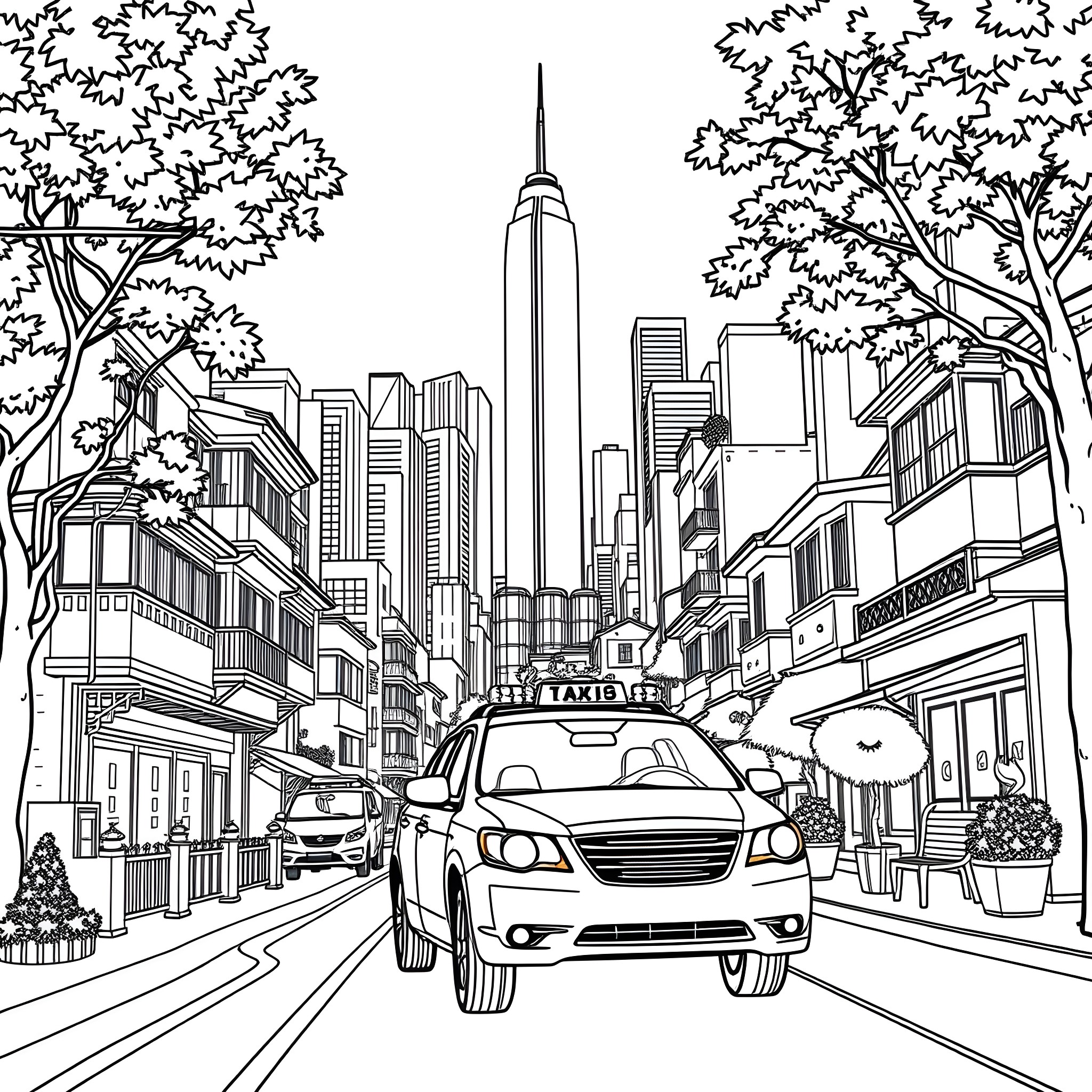 Taxi navigating bustling city streets with skyscrapers Coloring Page (free black-and-white line drawing printable PDF for all, from beginners to advanced learners, including children, teens, adults, and seniors)