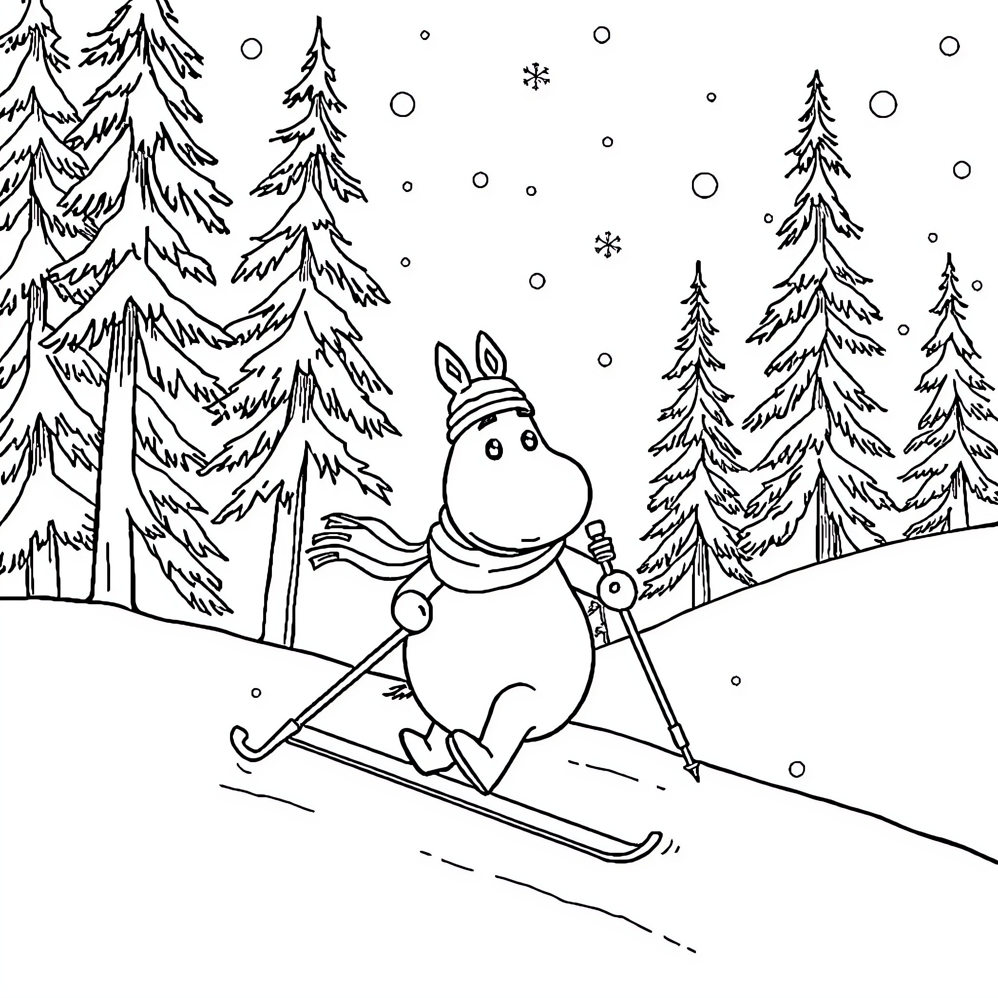Moomintroll skiing through snowy forest Coloring Page (free black-and-white line drawing printable PDF for all, from beginners to advanced learners, including children, teens, adults, and seniors)