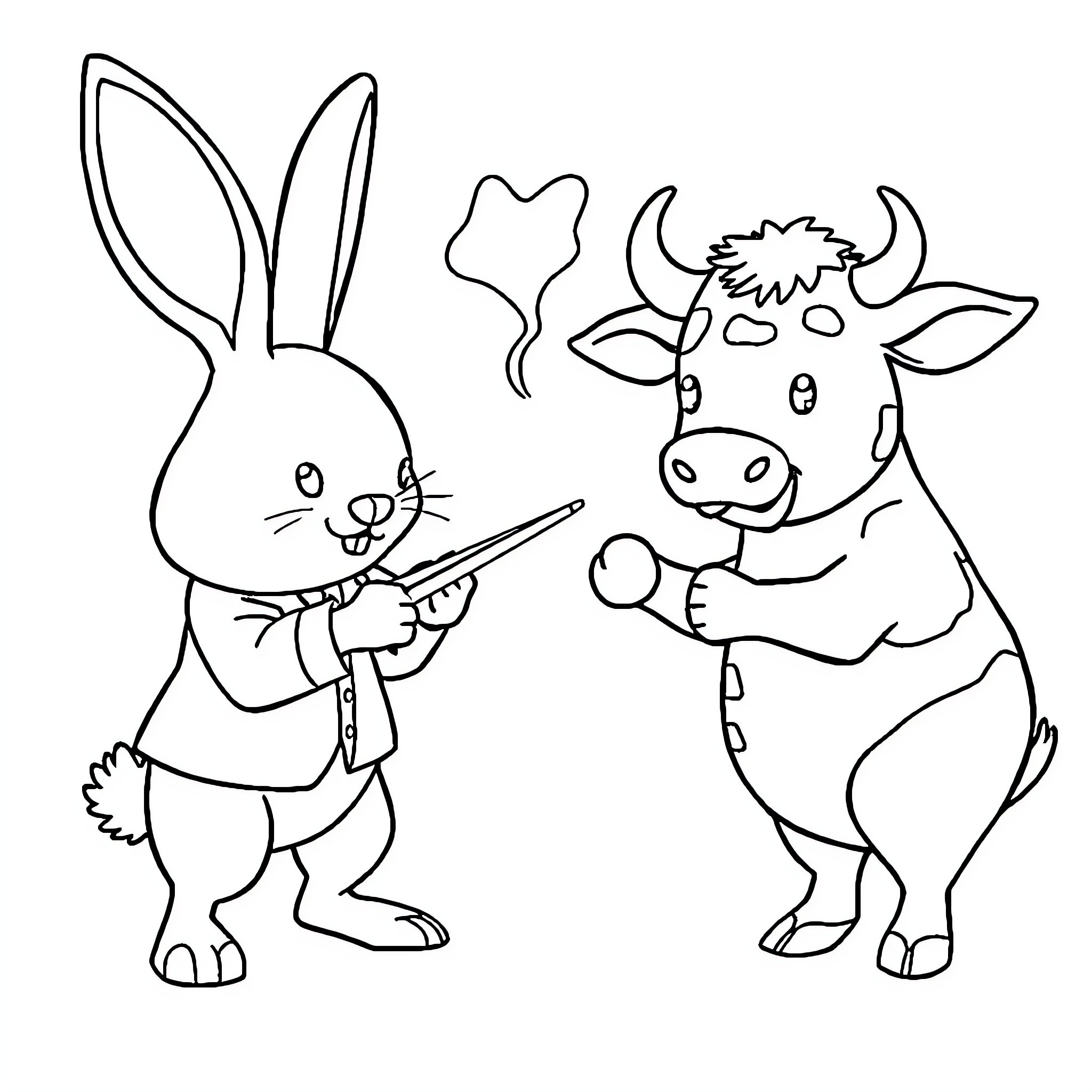 Rabbit musician playing for a cow Coloring Page (free black-and-white line drawing printable PDF for all, from beginners to advanced learners, including children, teens, adults, and seniors)