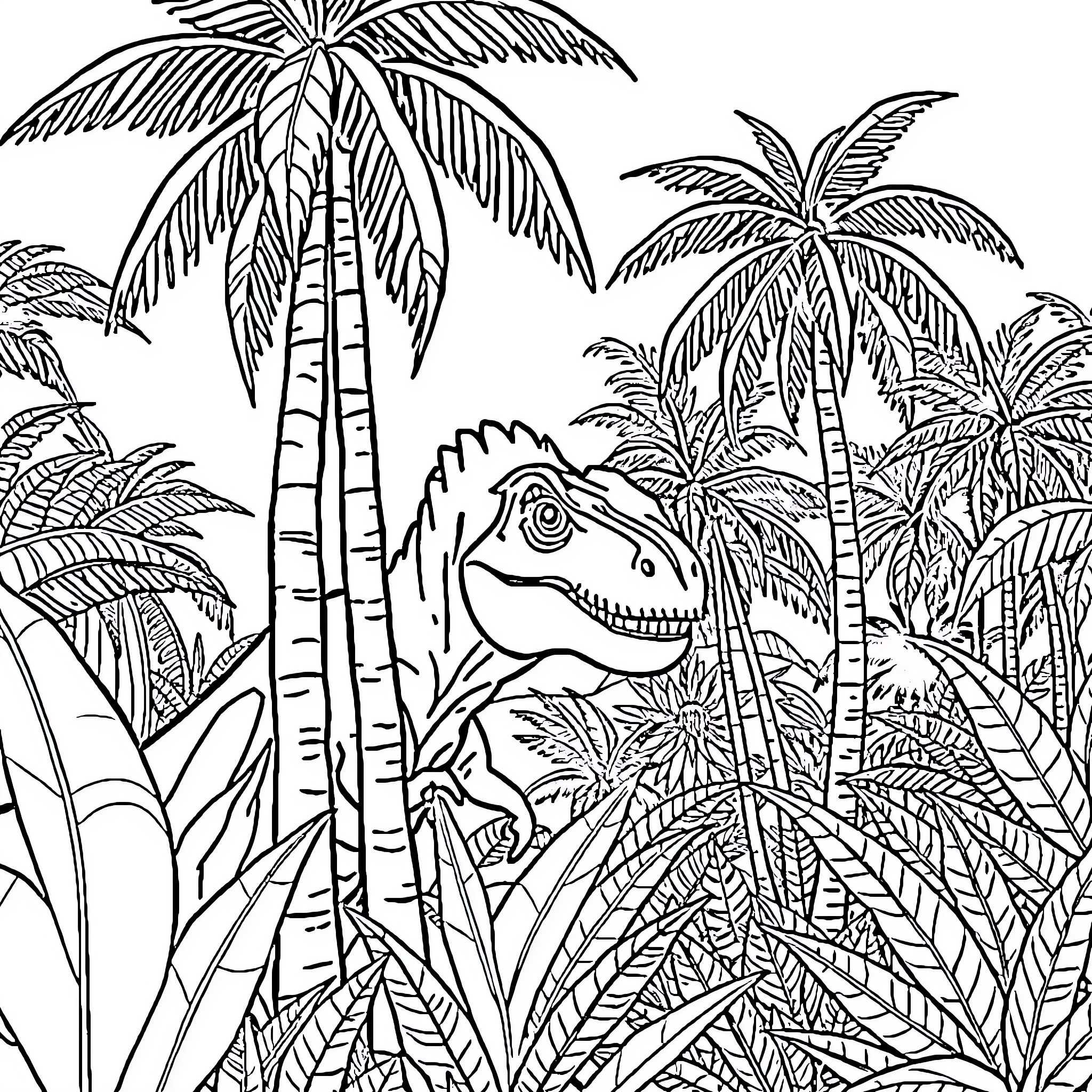 T-Rex in a Tropical Jungle Landscape Coloring Page (free black-and-white line drawing printable PDF for all, from beginners to advanced learners, including children, teens, adults, and seniors)