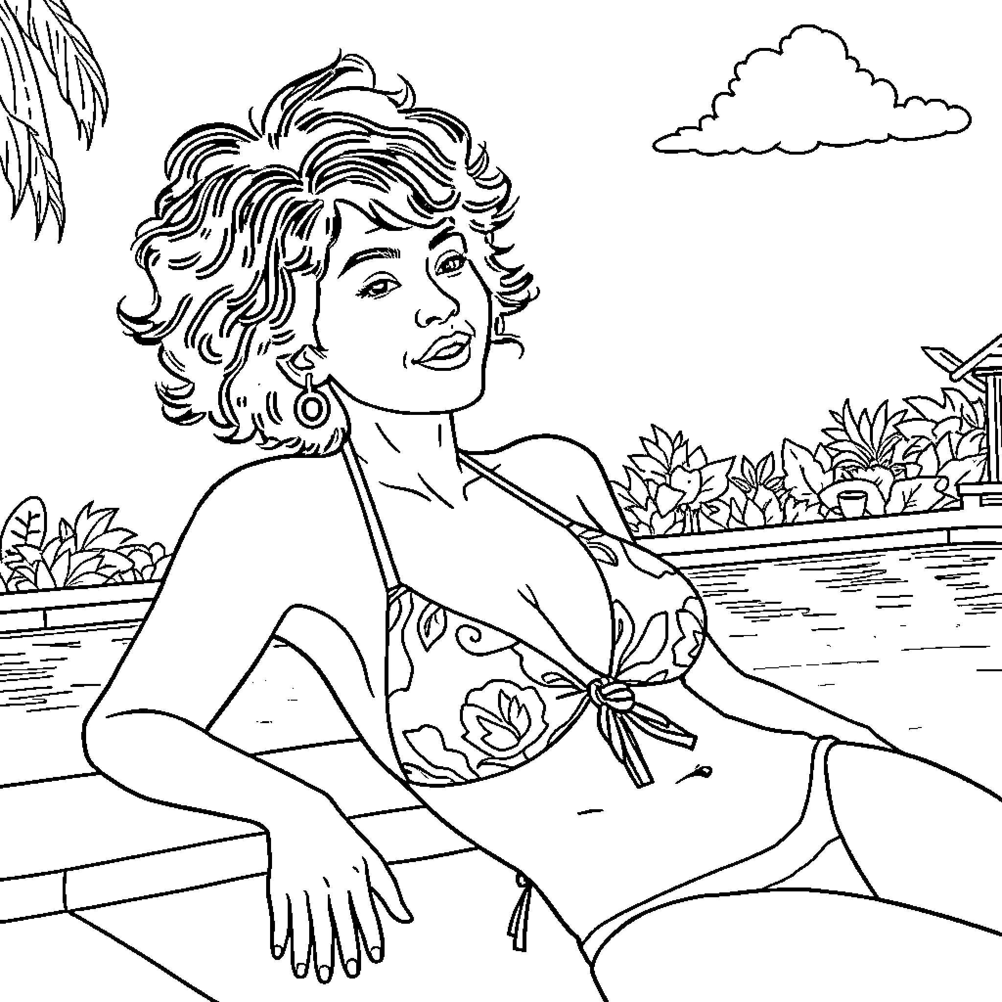 Woman relaxing by the pool on a sunny day Coloring Page (free black-and-white line drawing printable PDF for all, from beginners to advanced learners, including children, teens, adults, and seniors)