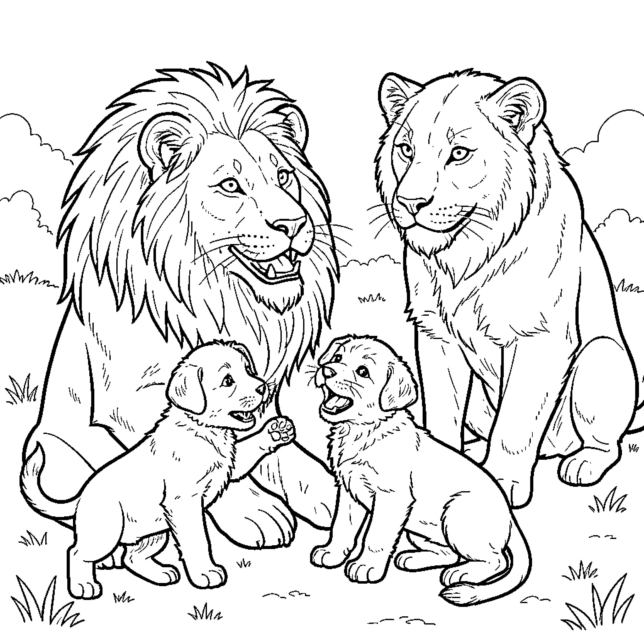 Lion Family's Playful Encounter Coloring Page (free black-and-white line drawing printable PDF for all, from beginners to advanced learners, including children, teens, adults, and seniors)