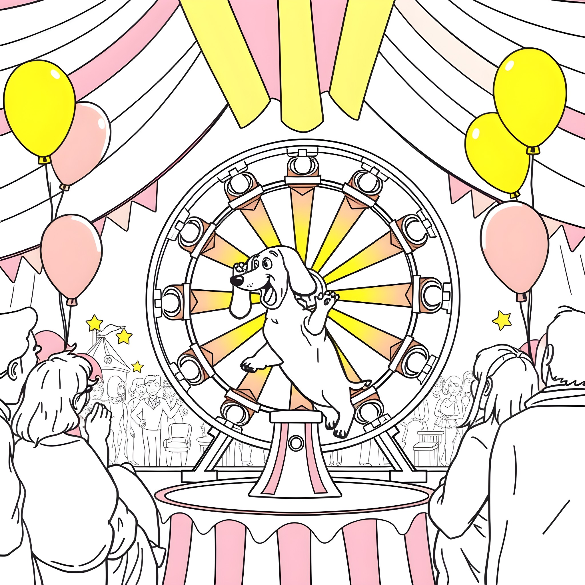 Dog riding on a colorful carnival ferris wheel Coloring Page (free black-and-white line drawing printable PDF for all, from beginners to advanced learners, including children, teens, adults, and seniors)