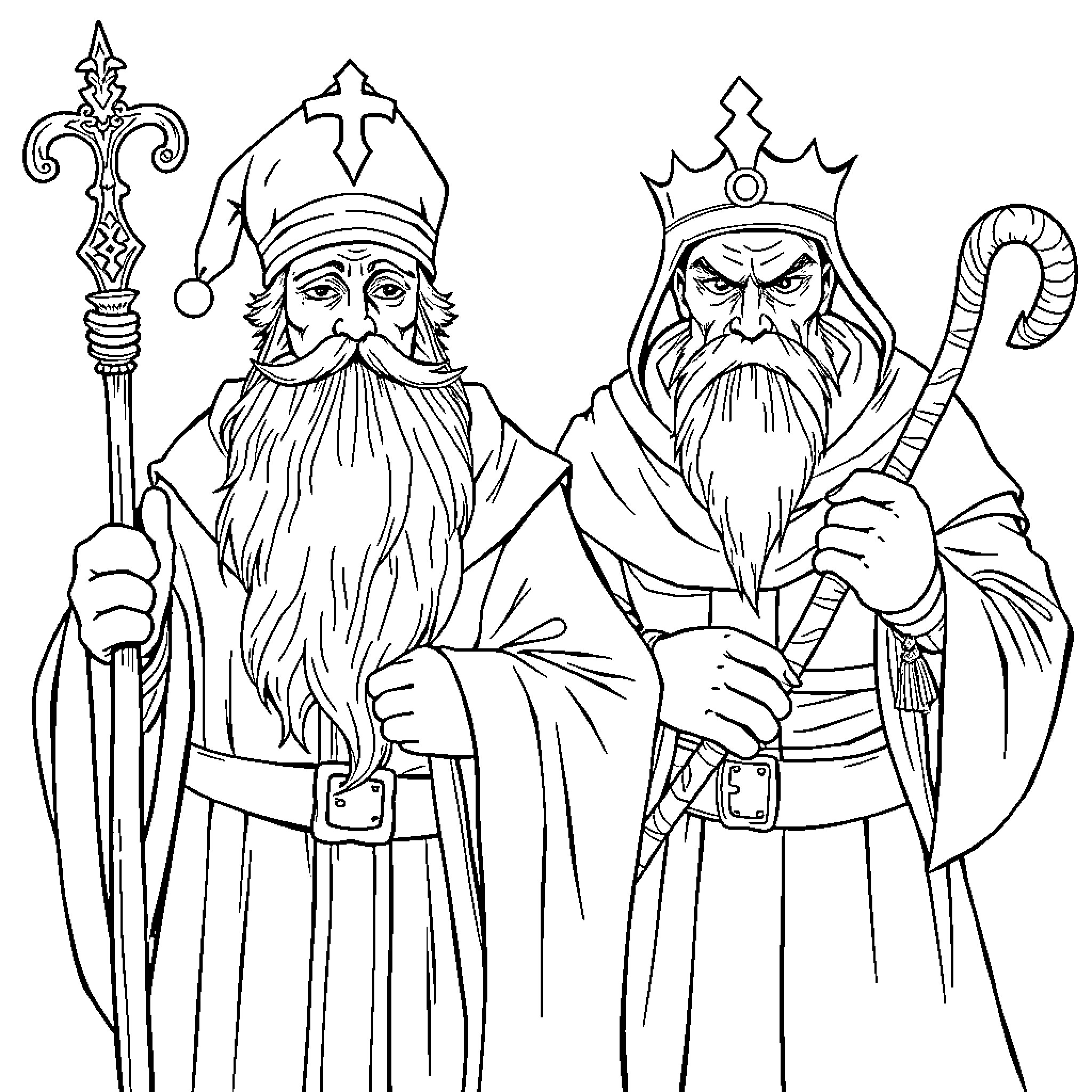 Saint Nicholas and Saint Basil in Traditional Attire Coloring Page (free black-and-white line drawing printable PDF for all, from beginners to advanced learners, including children, teens, adults, and seniors)