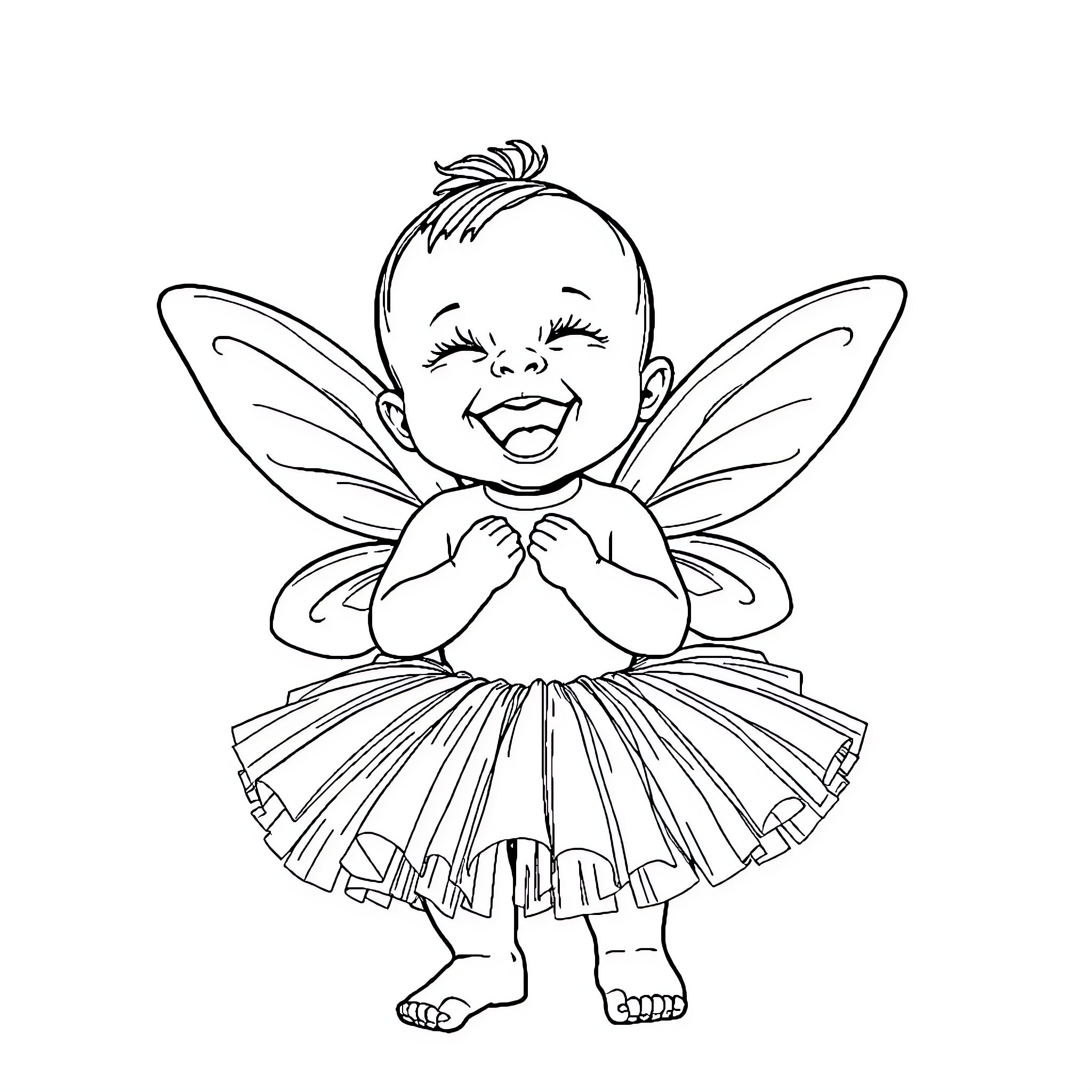 Baby fairy dancing happily in the spotlight Coloring Page (free black-and-white line drawing printable PDF for all, from beginners to advanced learners, including children, teens, adults, and seniors)