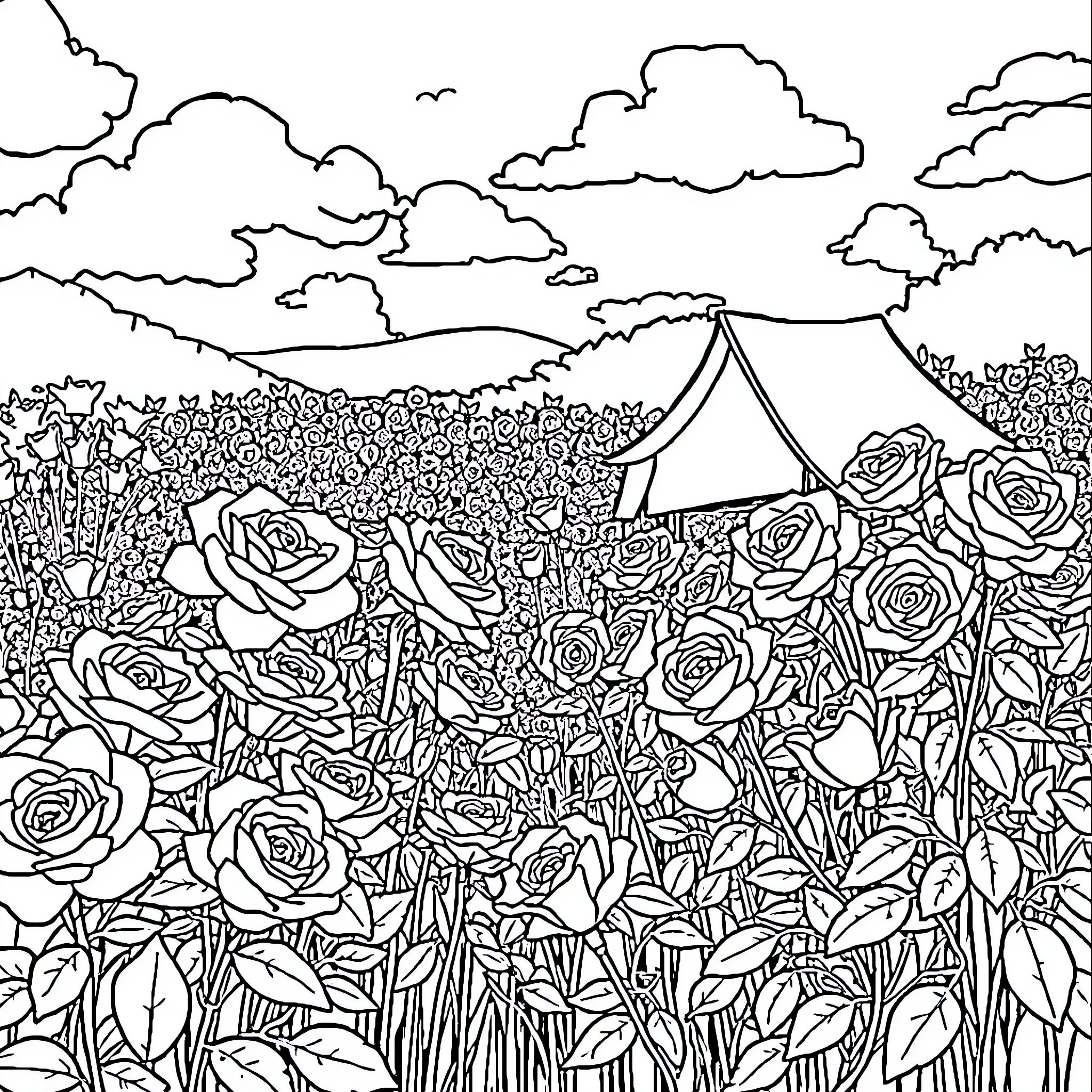 Rose Garden Campsite Amidst Blooming Flowers Coloring Page (free black-and-white line drawing printable PDF for all, from beginners to advanced learners, including children, teens, adults, and seniors)