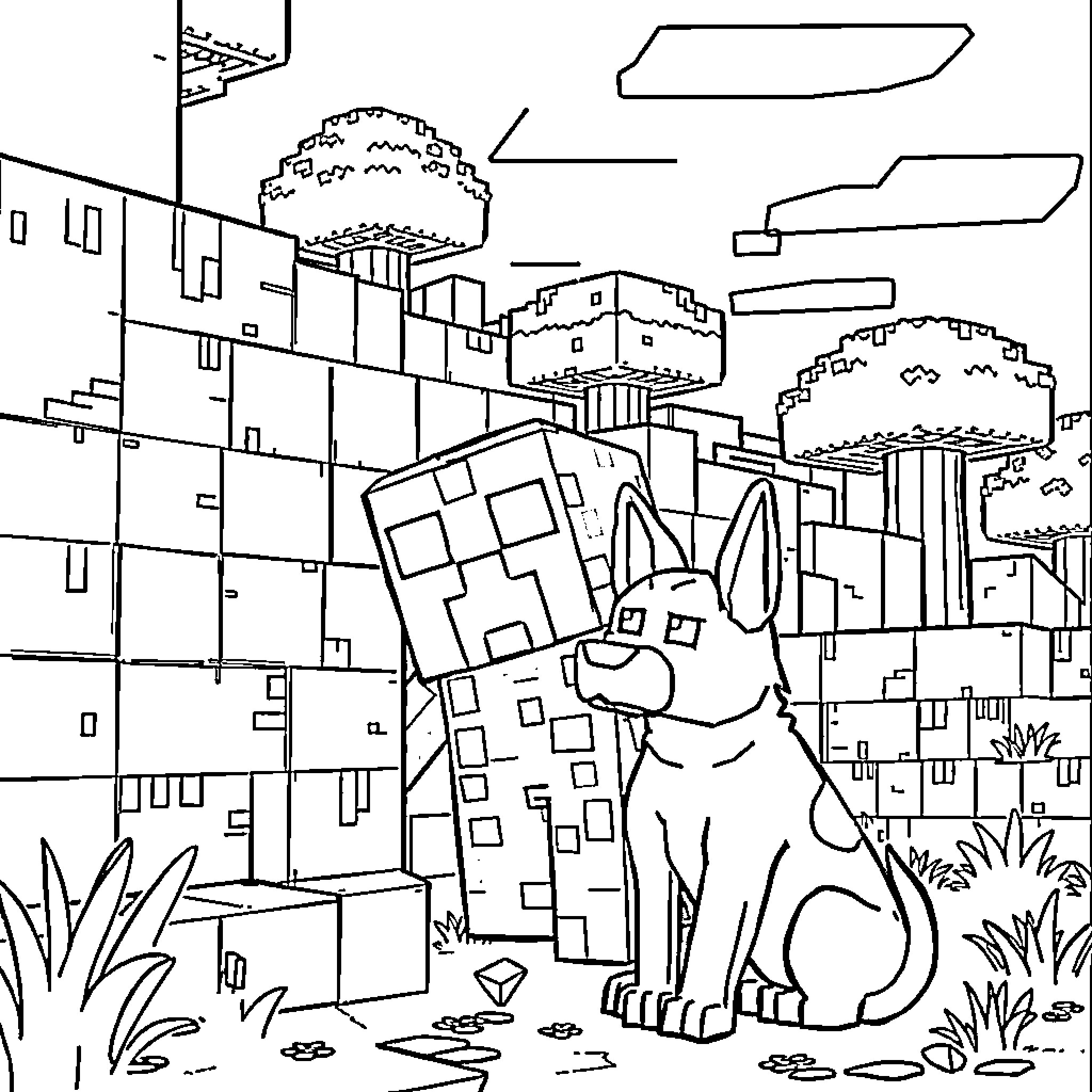 Creeper and Pixelated Cat Exploring Blocky Landscape Coloring Page (free black-and-white line drawing printable PDF for all, from beginners to advanced learners, including children, teens, adults, and seniors)