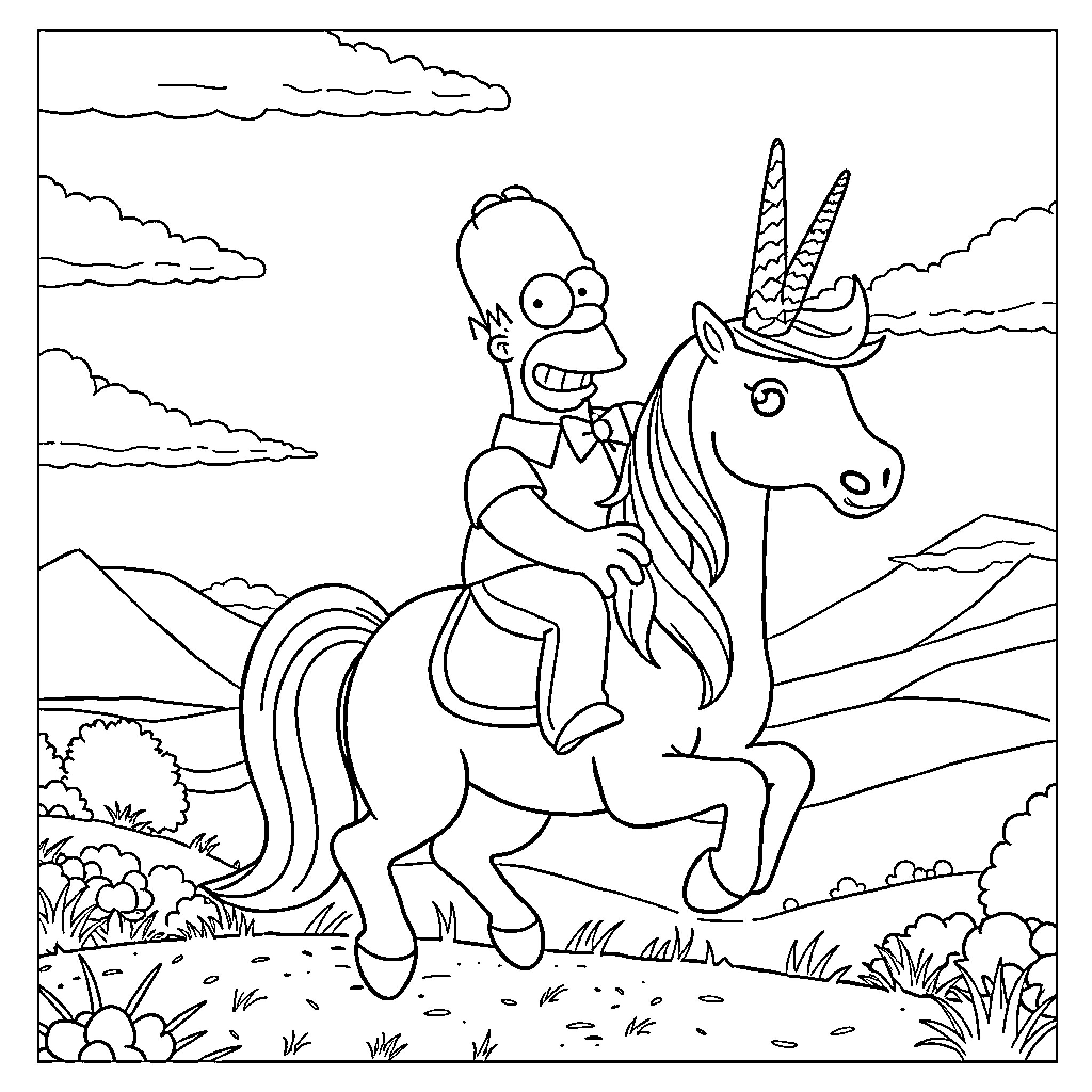 Homer Simpson riding a unicorn in a fantastical landscape Coloring Page (free black-and-white line drawing printable PDF for all, from beginners to advanced learners, including children, teens, adults, and seniors)