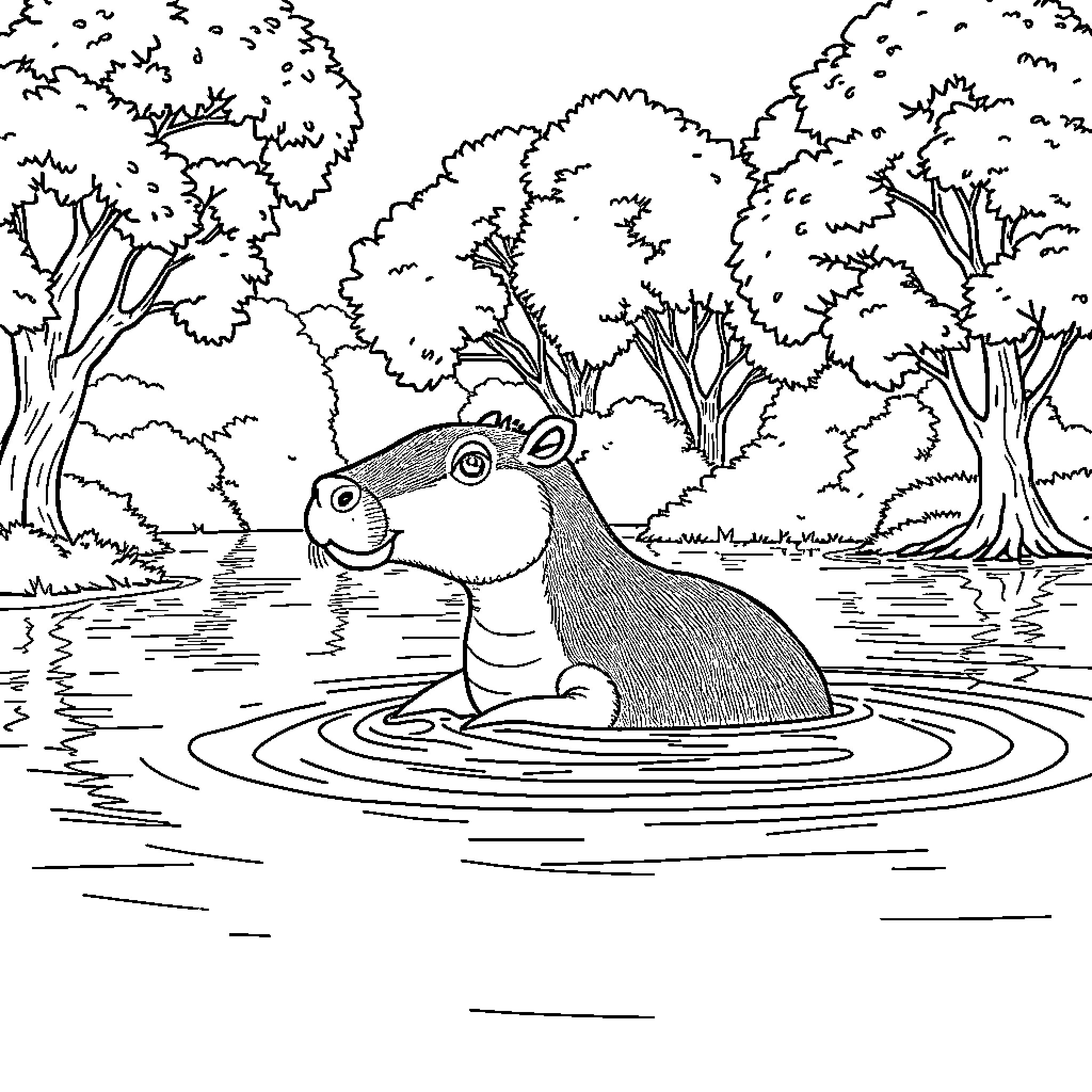 Capybara relaxing in the forest pond Coloring Page (free black-and-white line drawing printable PDF for all, from beginners to advanced learners, including children, teens, adults, and seniors)