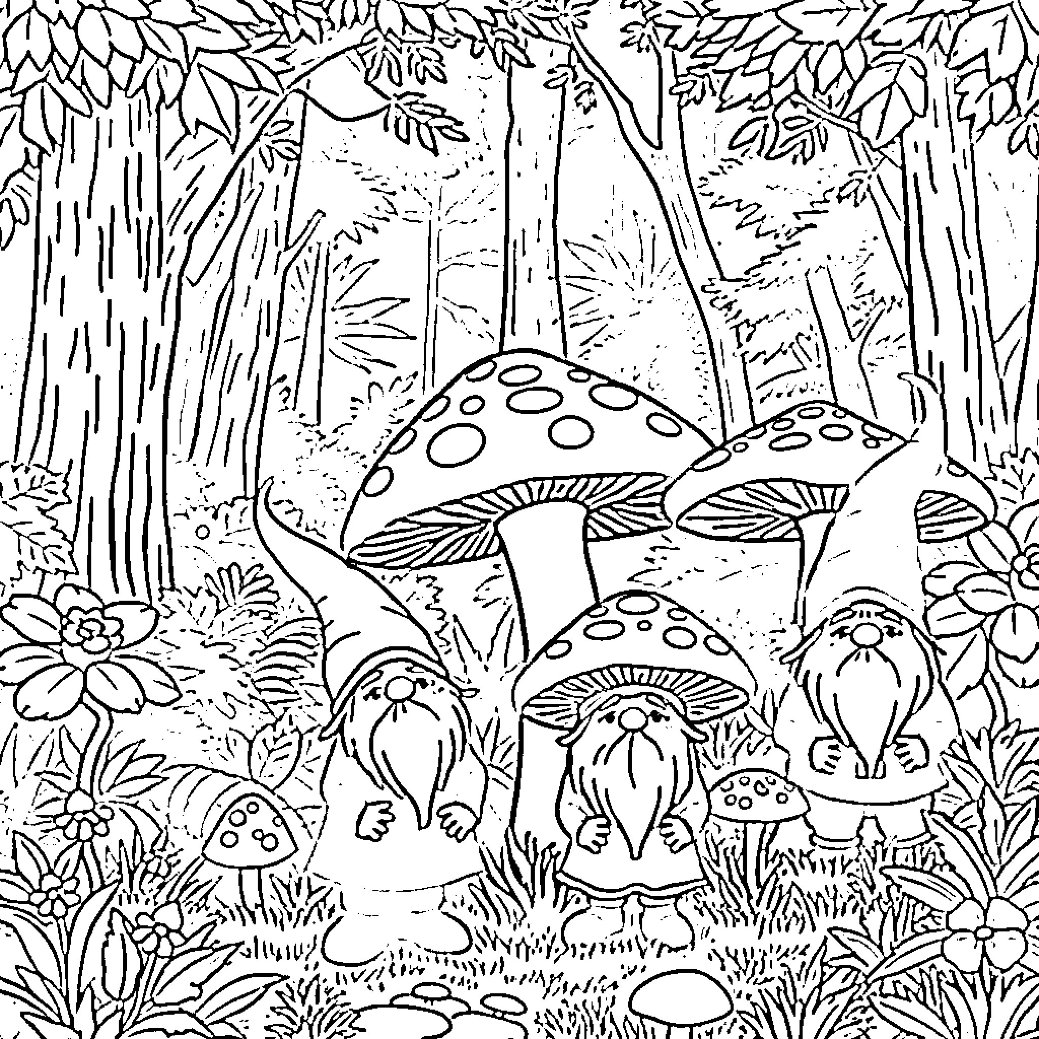 Gnome Fantasia: Whimsical Mushroom Woodland Scene Coloring Page (free black-and-white line drawing printable PDF for all, from beginners to advanced learners, including children, teens, adults, and seniors)