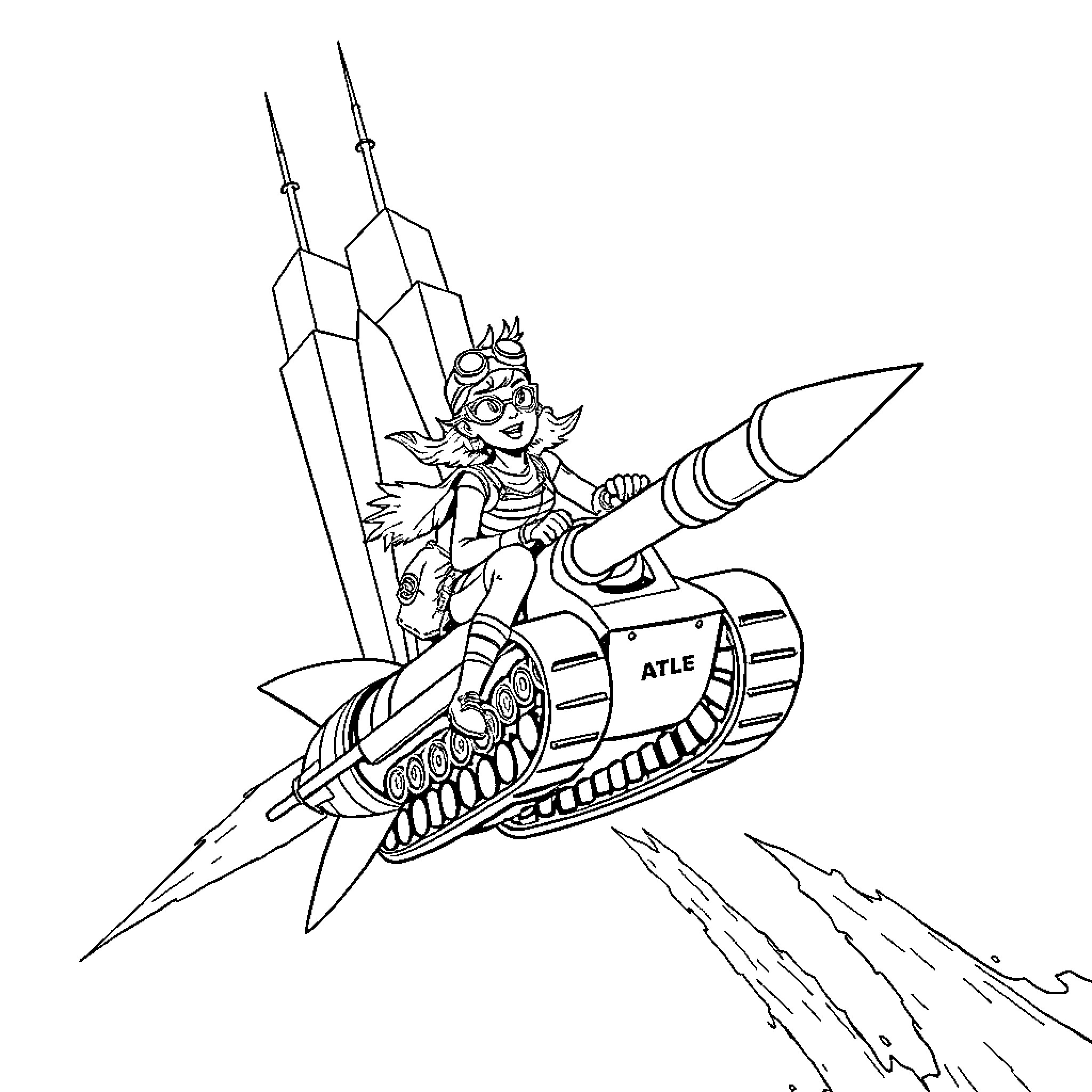Tank Girl riding a futuristic battle tank Coloring Page (free black-and-white line drawing printable PDF for all, from beginners to advanced learners, including children, teens, adults, and seniors)