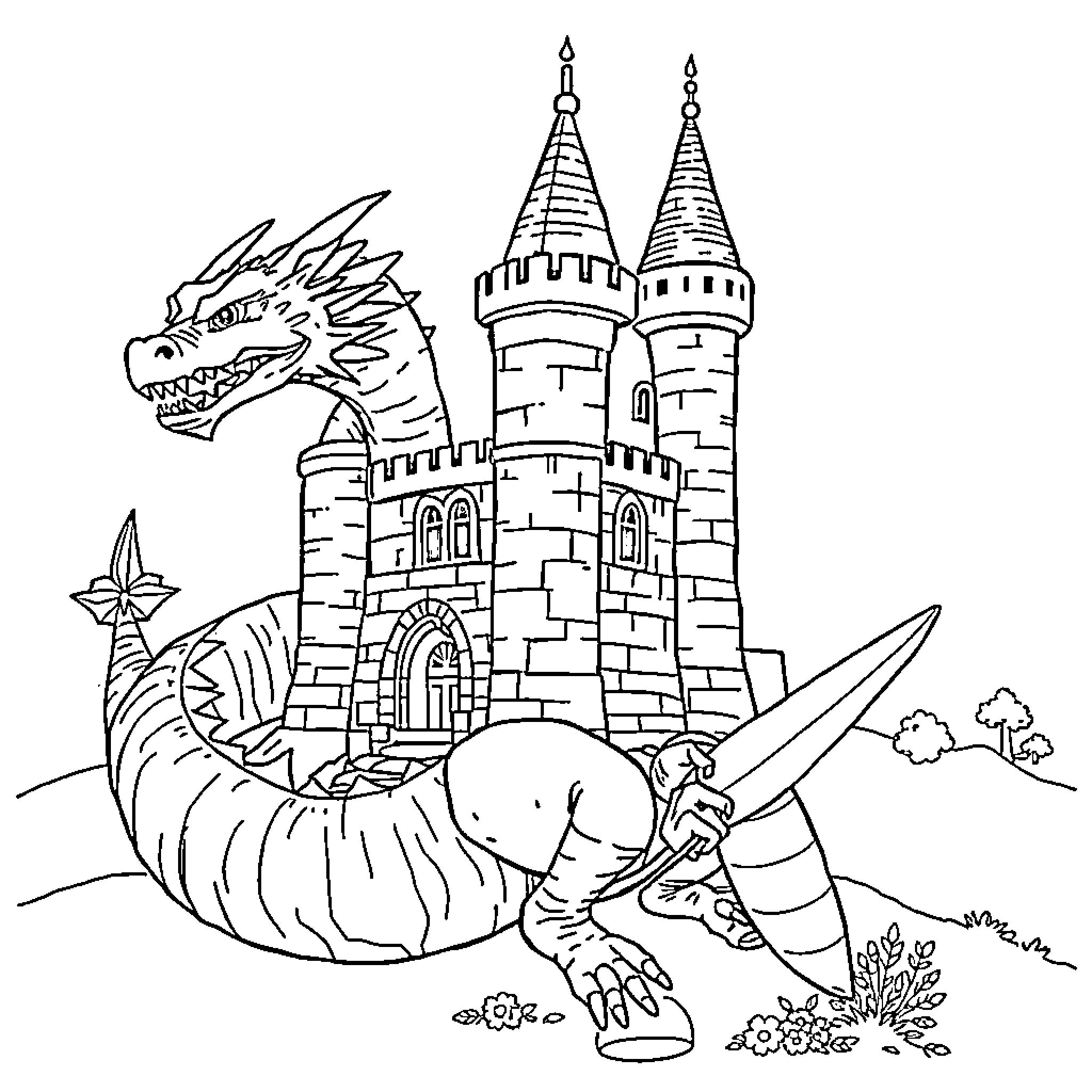 Dragon guarding majestic fantasy castle Coloring Page (free black-and-white line drawing printable PDF for all, from beginners to advanced learners, including children, teens, adults, and seniors)
