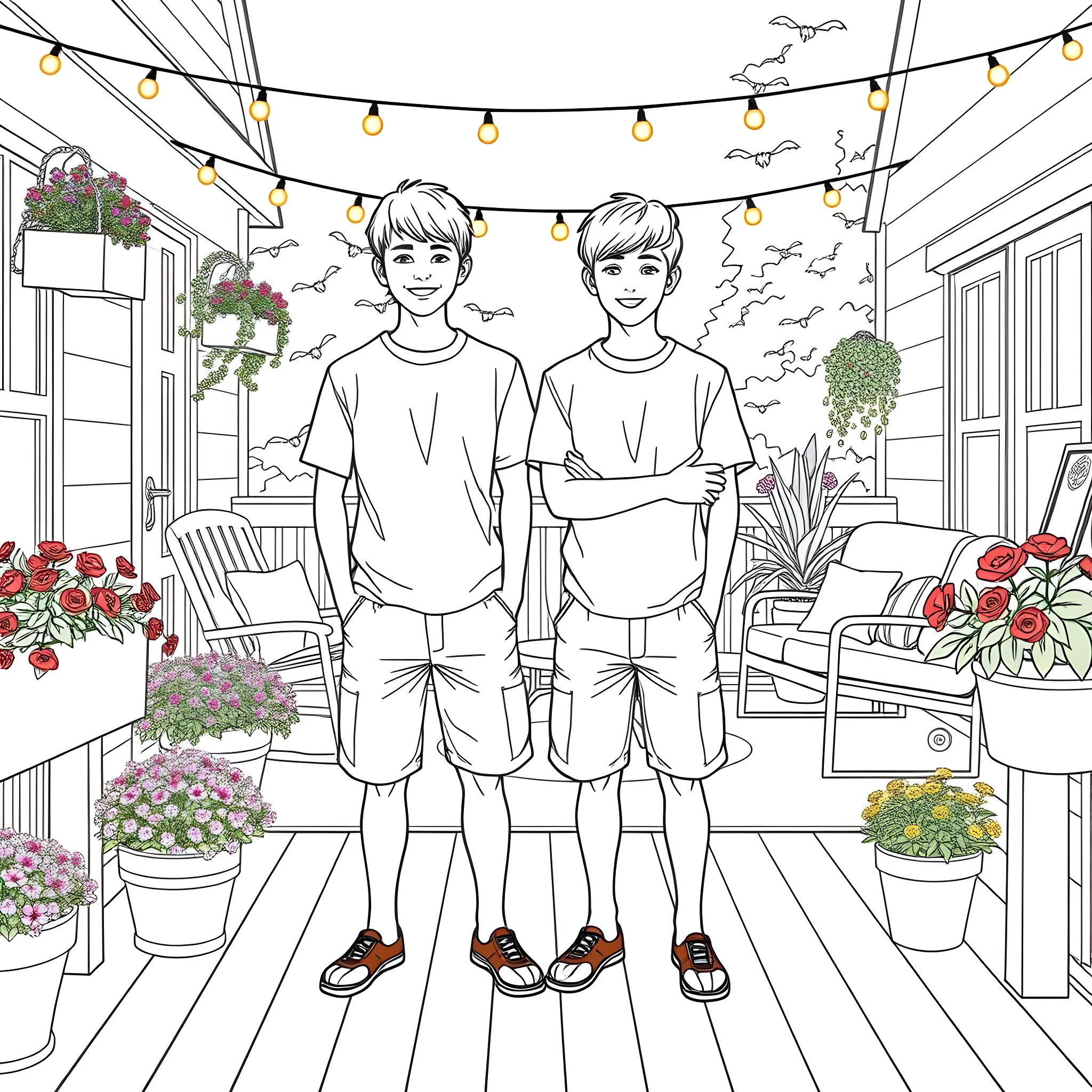 Teen Guys Enjoying a Cozy Outdoor Patio Coloring Page (free black-and-white line drawing printable PDF for all, from beginners to advanced learners, including children, teens, adults, and seniors)