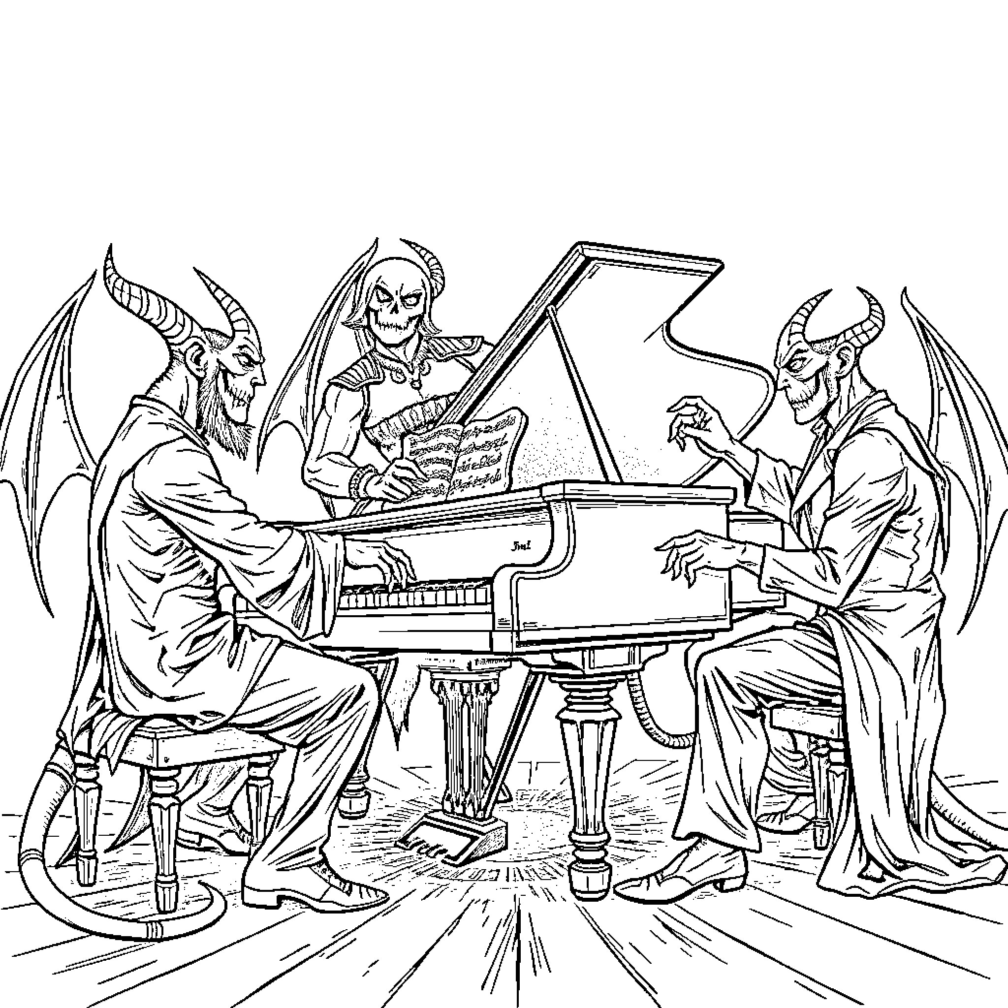 Demon Hunters Performing on Grand Piano Coloring Page (free black-and-white line drawing printable PDF for all, from beginners to advanced learners, including children, teens, adults, and seniors)