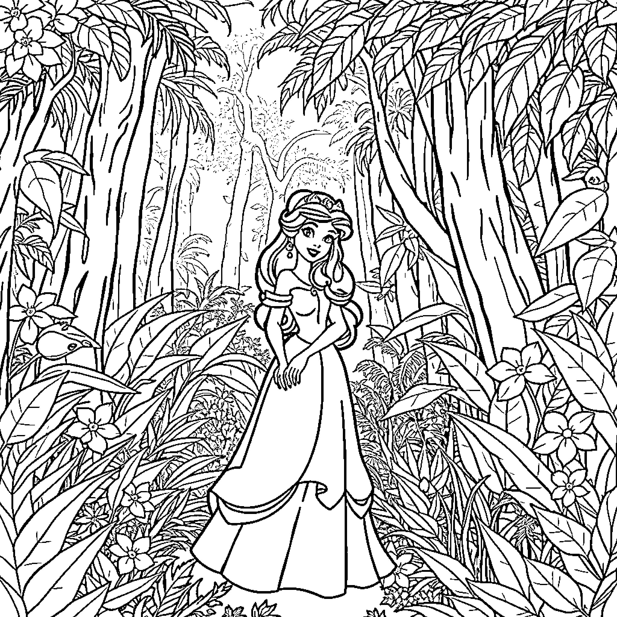 Belle explores the enchanting tropical forest Coloring Page (free black-and-white line drawing printable PDF for all, from beginners to advanced learners, including children, teens, adults, and seniors)
