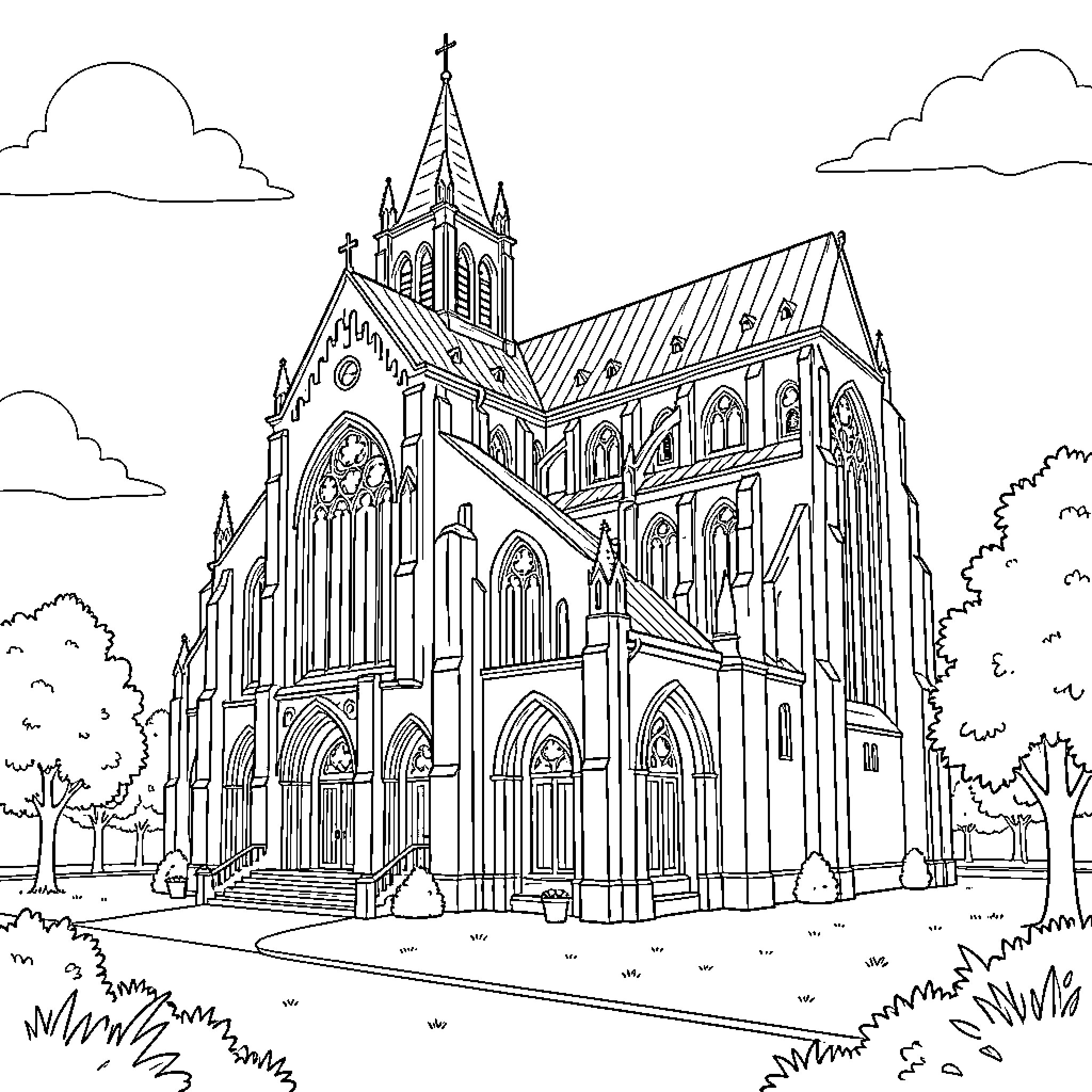 Basilique Notre Dame de la Paix standing among trees Coloring Page (free black-and-white line drawing printable PDF for all, from beginners to advanced learners, including children, teens, adults, and seniors)