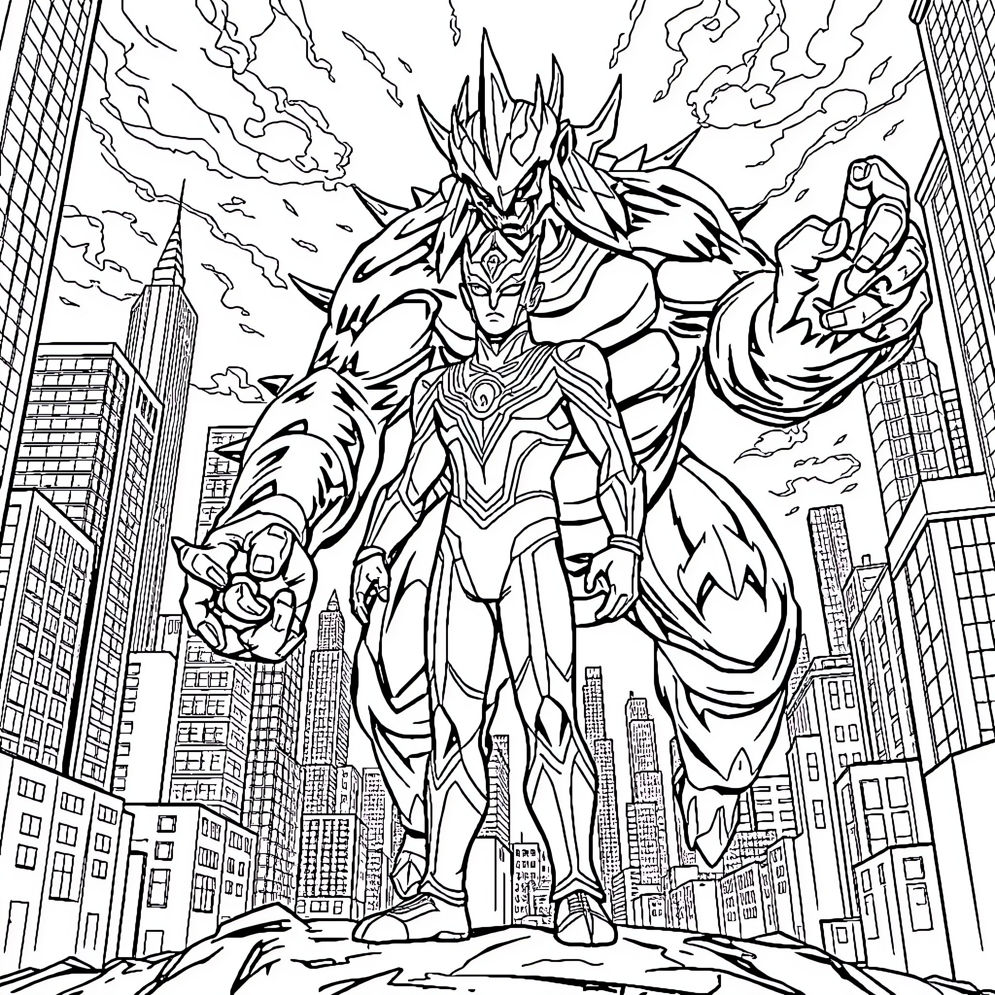 Ultraman Wielding Powerful Energy in the City Coloring Page (free black-and-white line drawing printable PDF for all, from beginners to advanced learners, including children, teens, adults, and seniors)