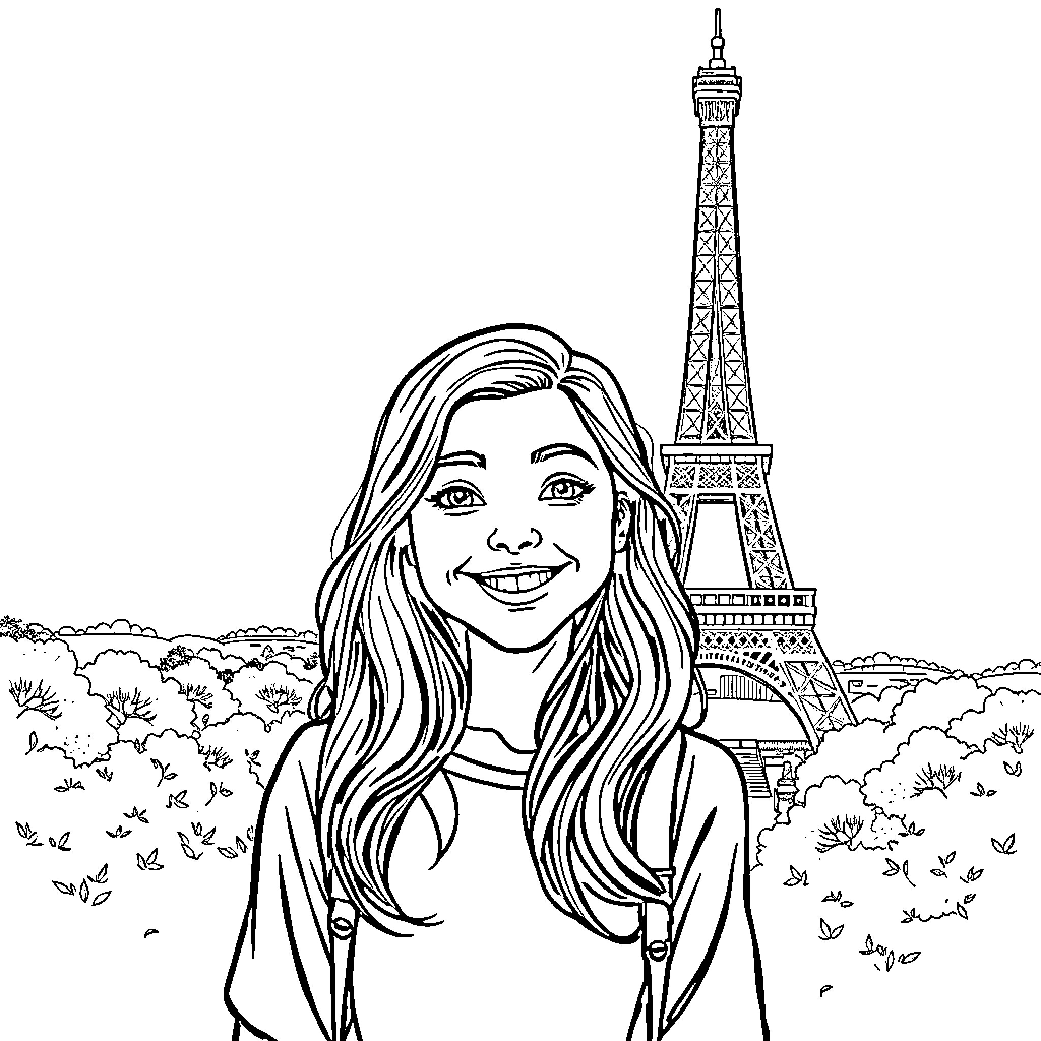 Girl smiling happily in front of Eiffel Tower Coloring Page (free black-and-white line drawing printable PDF for all, from beginners to advanced learners, including children, teens, adults, and seniors)