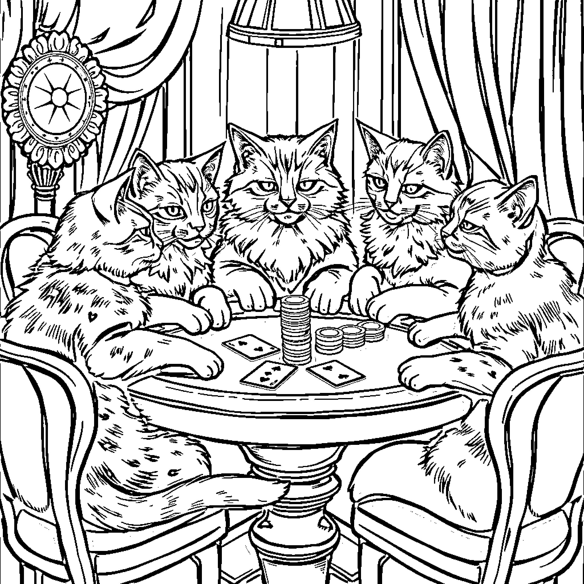 Cats Playing Cards in Fancy Room Coloring Page (free black-and-white line drawing printable PDF for all, from beginners to advanced learners, including children, teens, adults, and seniors)