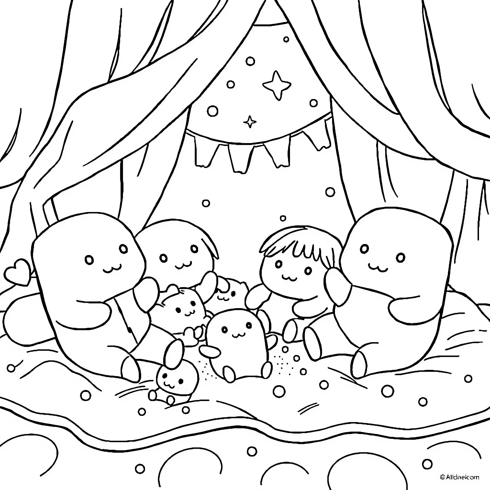 Squishmallows playing together in a cozy scene Coloring Page (free black-and-white line drawing printable PDF for all, from beginners to advanced learners, including children, teens, adults, and seniors)