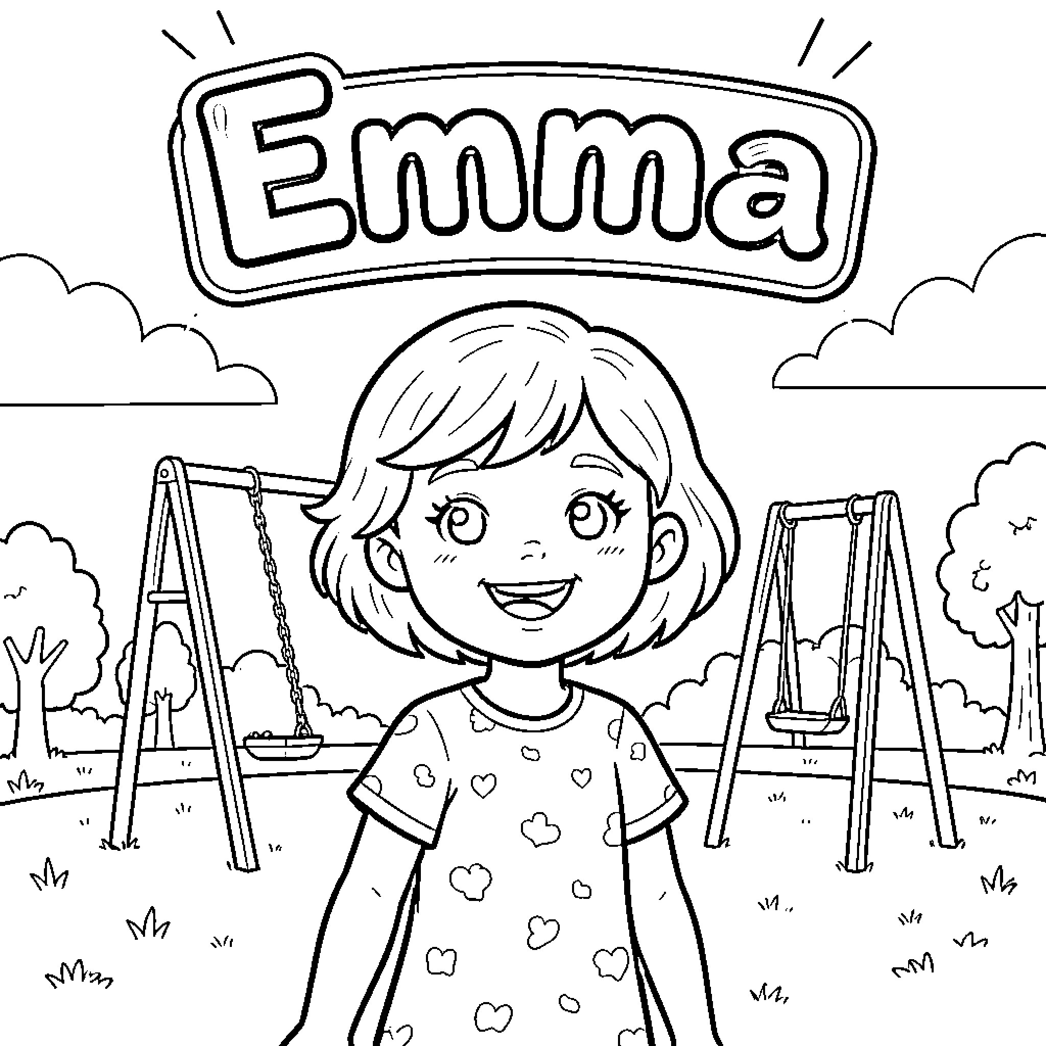 Emma playing happily at the playground Coloring Page (free black-and-white line drawing printable PDF for all, from beginners to advanced learners, including children, teens, adults, and seniors)
