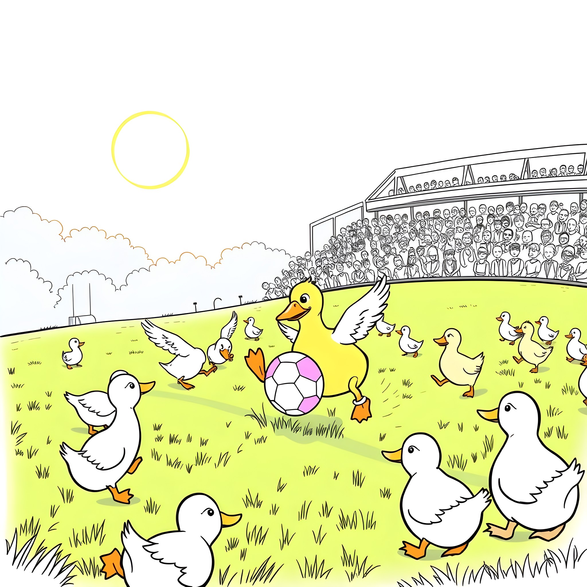Duck and ducklings playing with soccer ball on grassy field Coloring Page (free black-and-white line drawing printable PDF for all, from beginners to advanced learners, including children, teens, adults, and seniors)