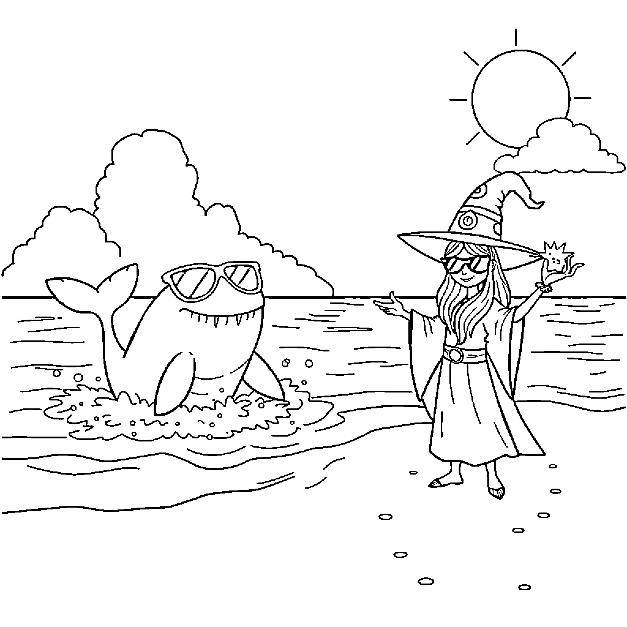Whale surfing with a human in the ocean Coloring Page (free black-and-white line drawing printable PDF for all, from beginners to advanced learners, including children, teens, adults, and seniors)