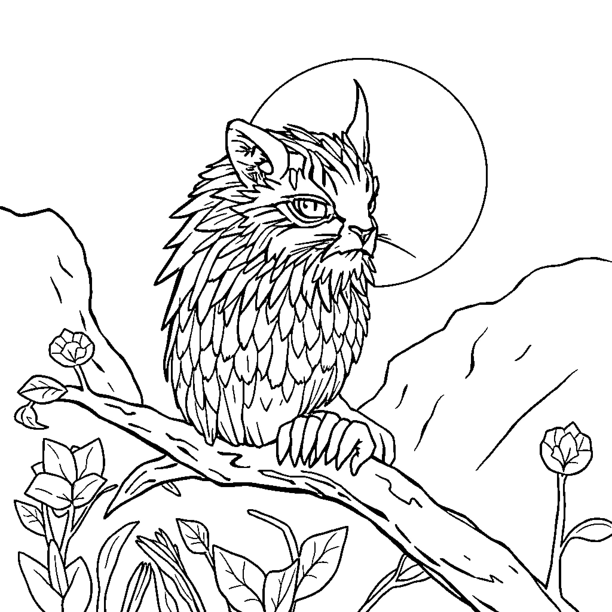 Hollow Knight: Feline Guardian in a Tranquil Woodland Coloring Page (free black-and-white line drawing printable PDF for all, from beginners to advanced learners, including children, teens, adults, and seniors)