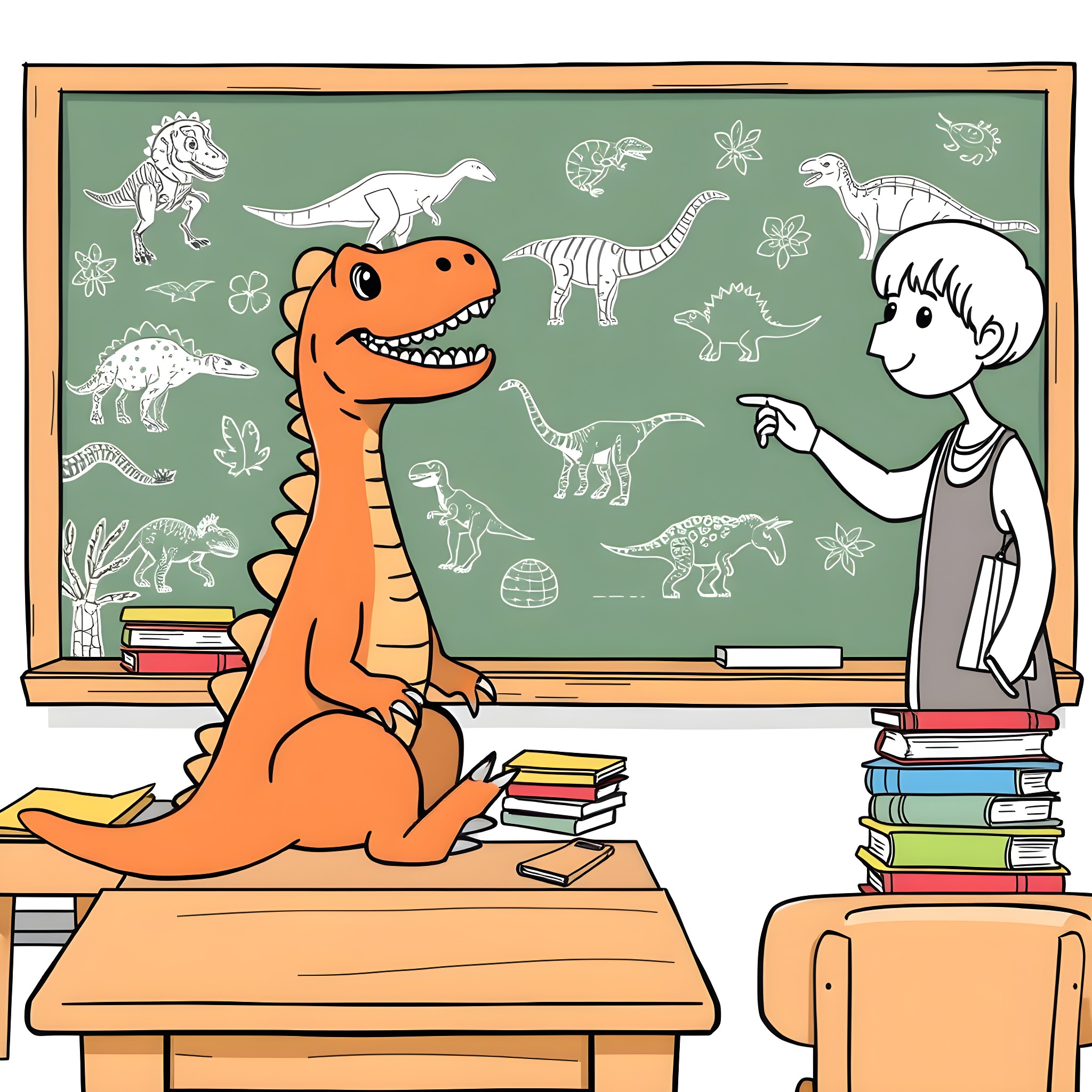 Dinosaur classroom learning about prehistoric creatures Coloring Page (free black-and-white line drawing printable PDF for all, from beginners to advanced learners, including children, teens, adults, and seniors)