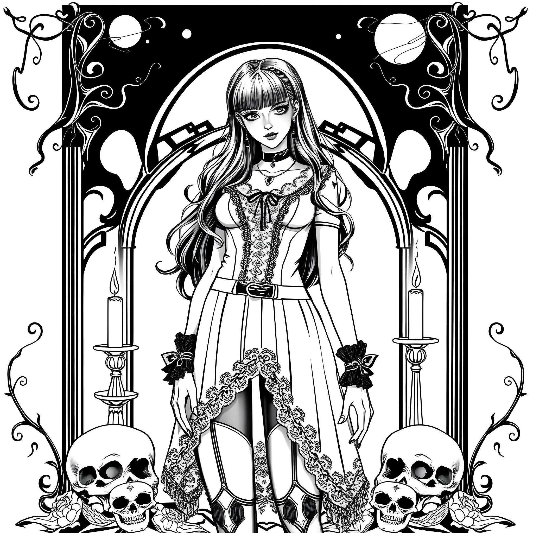Goth Girl in Elegant Gothic Lolita Dress Coloring Page (free black-and-white line drawing printable PDF for all, from beginners to advanced learners, including children, teens, adults, and seniors)