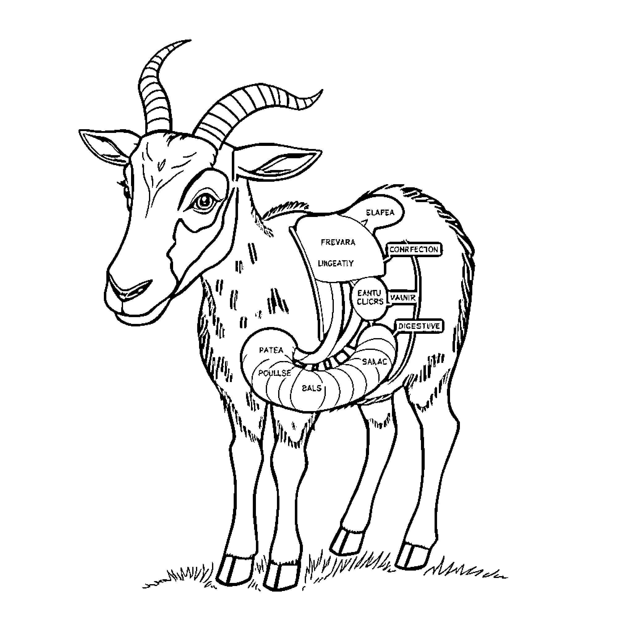 Goat with anatomical labels on its body Coloring Page (free black-and-white line drawing printable PDF for all, from beginners to advanced learners, including children, teens, adults, and seniors)